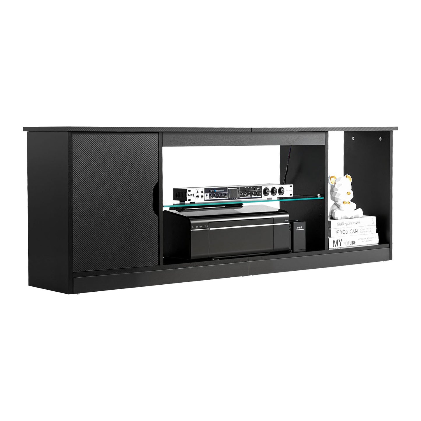 TV Stand for TVs up to 1651 mm, Modern Entertainment Center with Light Strip, Wooden TV Cabinet Storage with Glass Shelf and Adjustable Shelves, Console Table for Living Room and Bedroom, Black