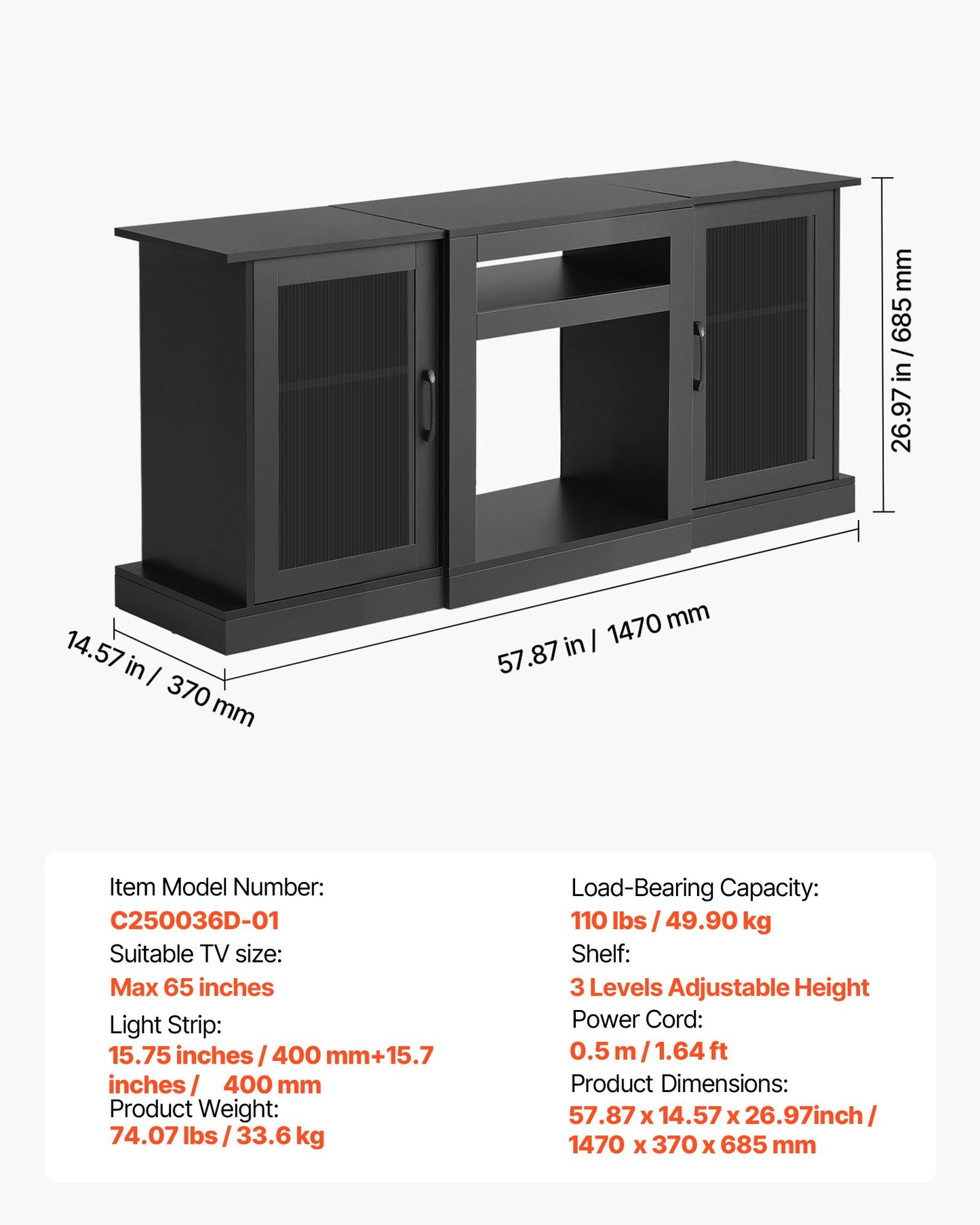 TV Stand for TVs up to 1651 mm, Modern Entertainment Center with Light Strip, Wooden TV Cabinet Storage with Glass Doors and Adjustable Shelves, Console Table for Living Room and Bedroom, Black