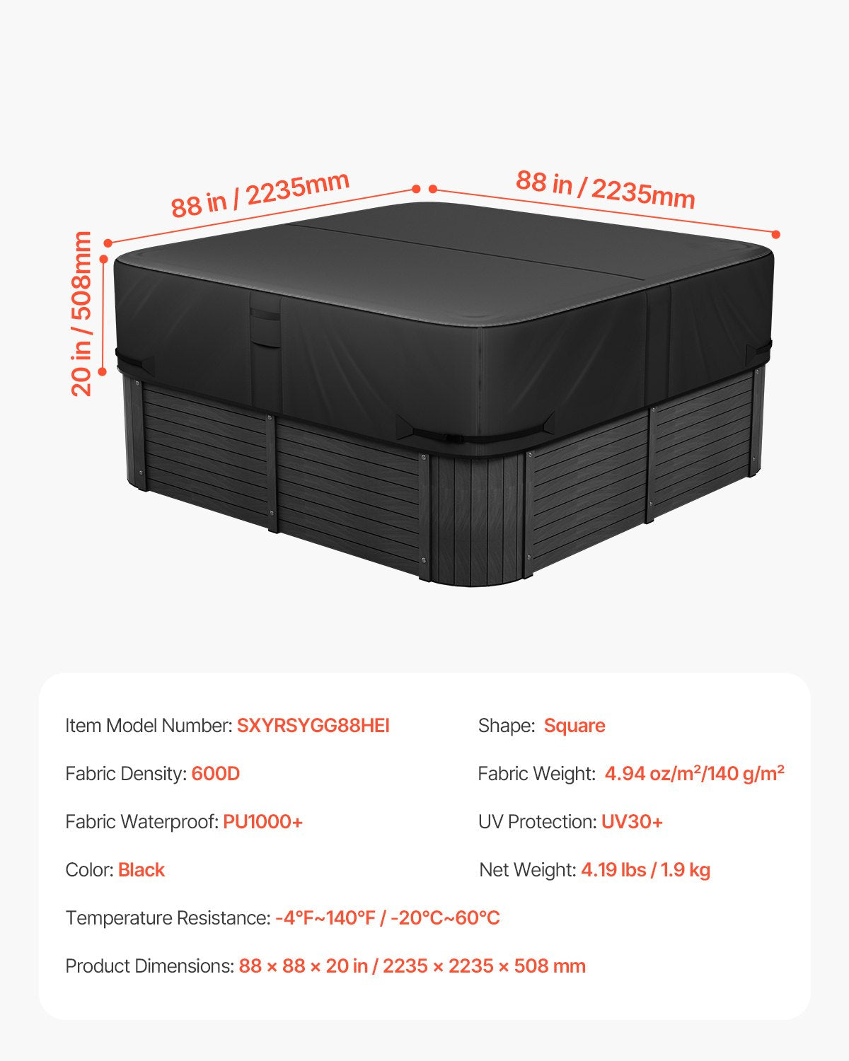 Outdoor Hot Tub Cover, 88x88x20in/2235x2235x508mm Weatherproof & Waterproof Hot Tub Cover Protector, 600D Heavy Duty Oxford Fabric and 950N Tearing Strength, Square Spa Covers for Hottub, Black