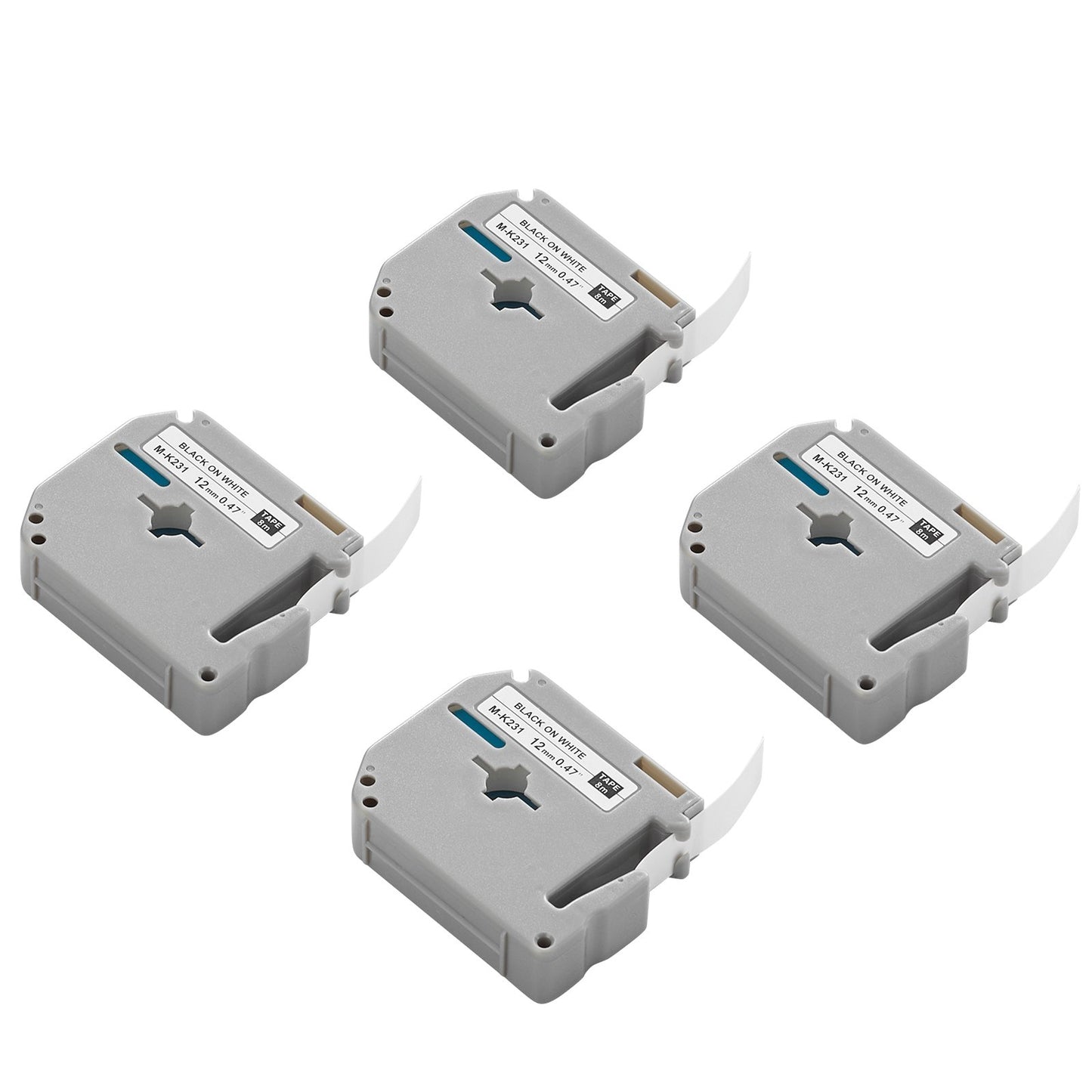 Label Maker Tape, 4 Pack, 0.47 in / 12 mm Black on White Label Cartridge Compatible for Various Types of Brother Labelers, Durable & Long-lasting, Waterproof, Replacement for Letra Tag M-K231