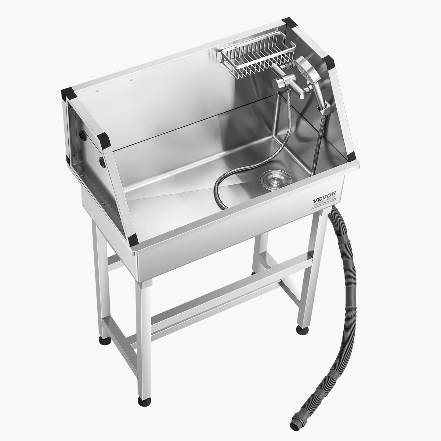 86,4 cm tvättstation i rostfritt stål för hundar, badkar för husdjur med varm- och kallvattenkran, duschmunstycke, förvaringsställ, allt-i-ett-badkar som inte böjer sig, handfat för hemmabruk, passar små katter och hundar