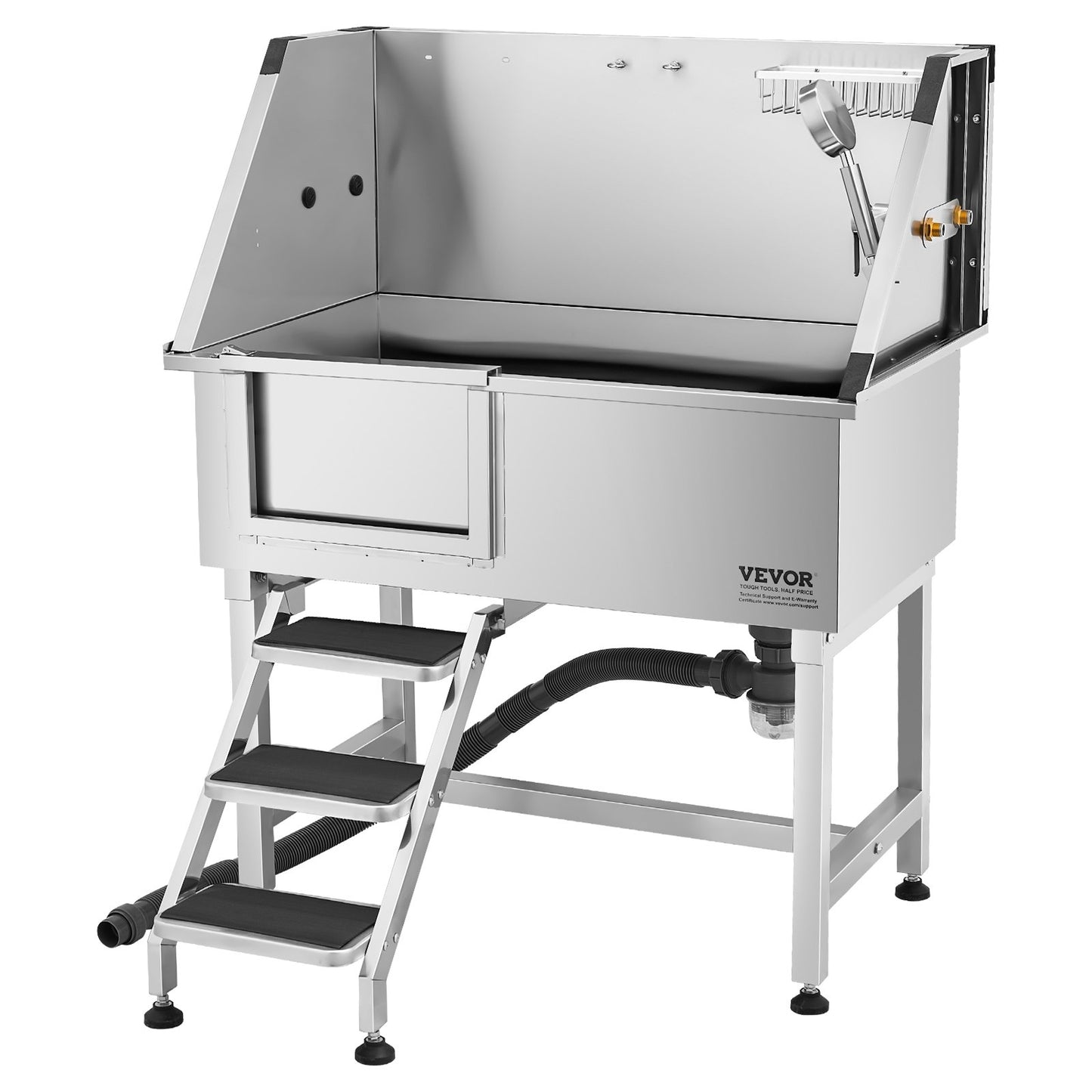 96,5 cm tvättstation för hundar i rostfritt stål, badkar för husdjur med varm- och kallvattenkran, duschmunstycke, handfat för hemmabruk, passar små och medelstora katter och hundar, halkfri trappa (vänster dörr)