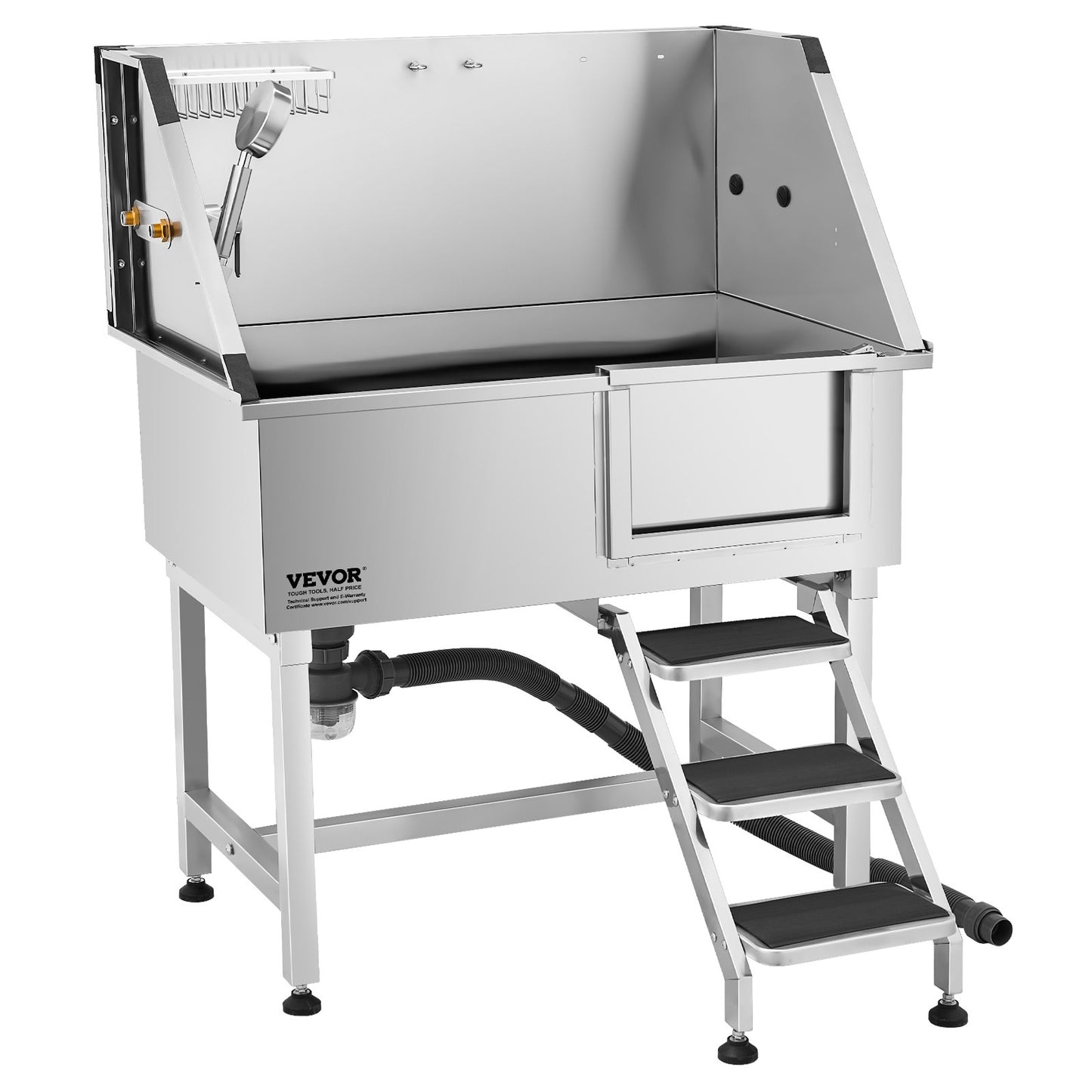 96,5 cm tvättstation för hundar i rostfritt stål, badkar för husdjur med varm- och kallvattenkran, duschmunstycke, handfat för hemmabruk, passar små och medelstora katter och hundar, halkfri trappa (höger dörr)