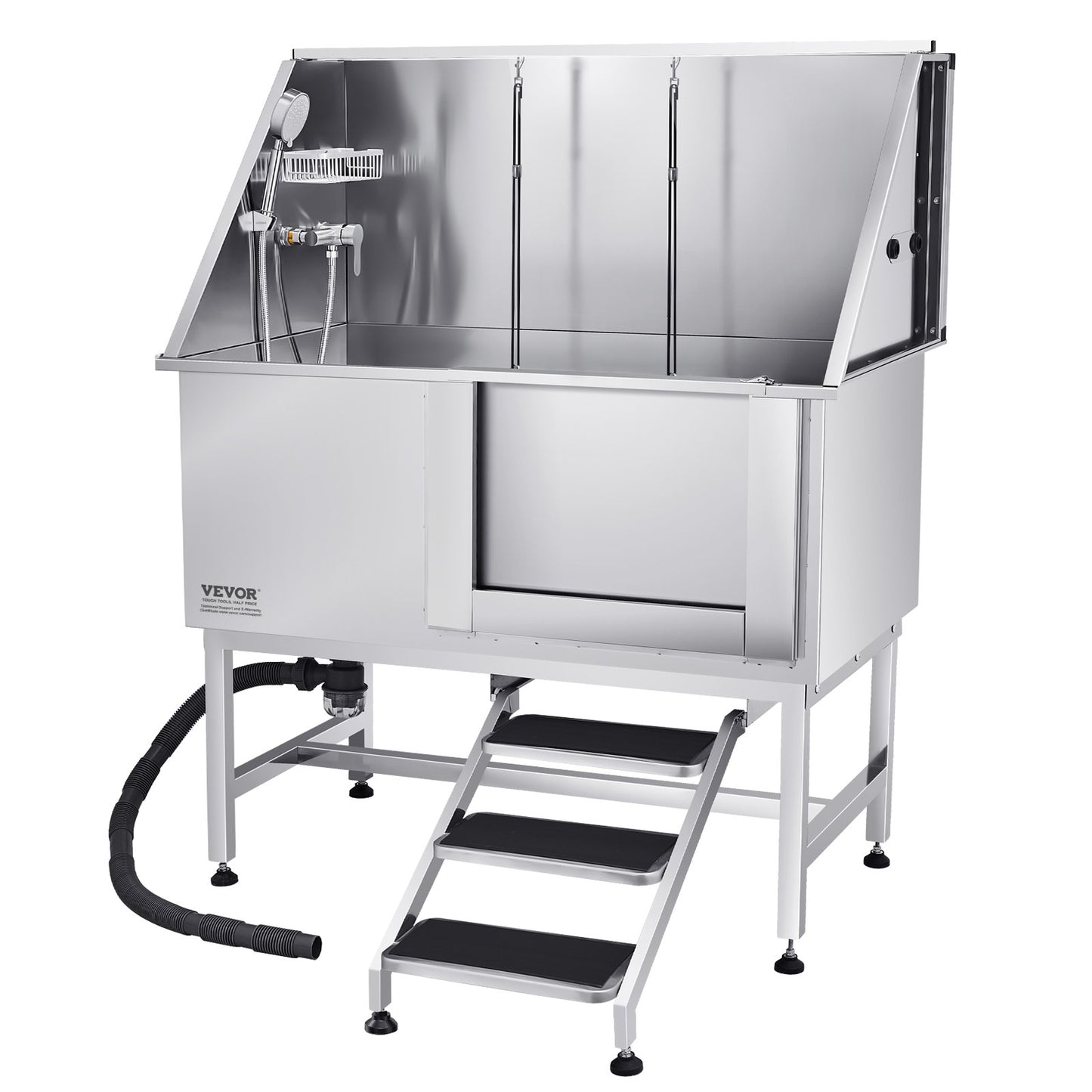 Hundtvättstation i rostfritt stål, 127 cm trimbadkar med trappor, PE-vattenfilterbräda, kran och duschmunstycke samt tvålhållare. Hundbadkar för stora, medelstora och små husdjur (höger dörr)