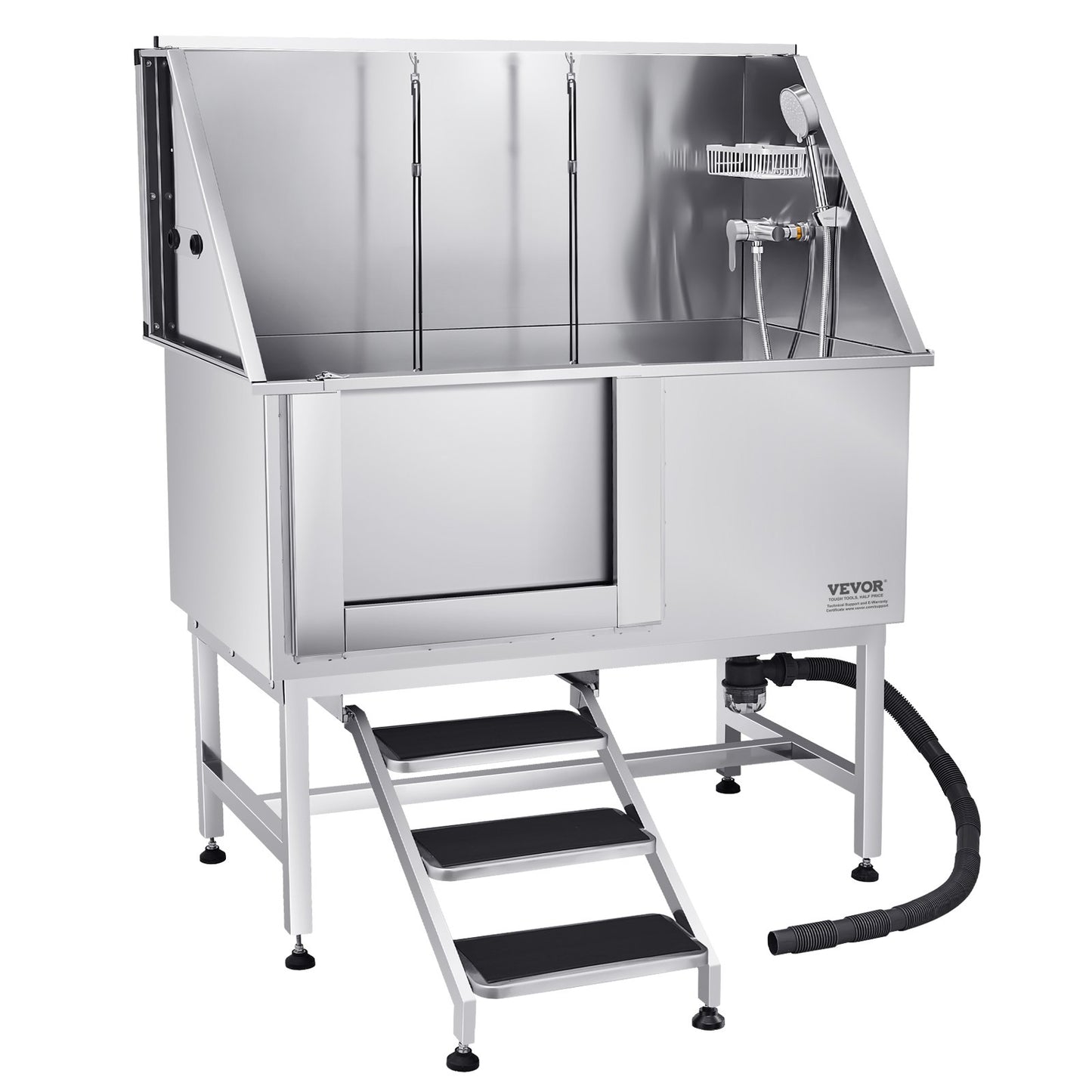 Hundtvättstation i rostfritt stål, 127 cm trimbadkar med trappor, PE-vattenfilterbräda, kran och duschmunstycke och tvålhållare. Hundbadkar för stora, medelstora och små husdjur (vänster dörr)