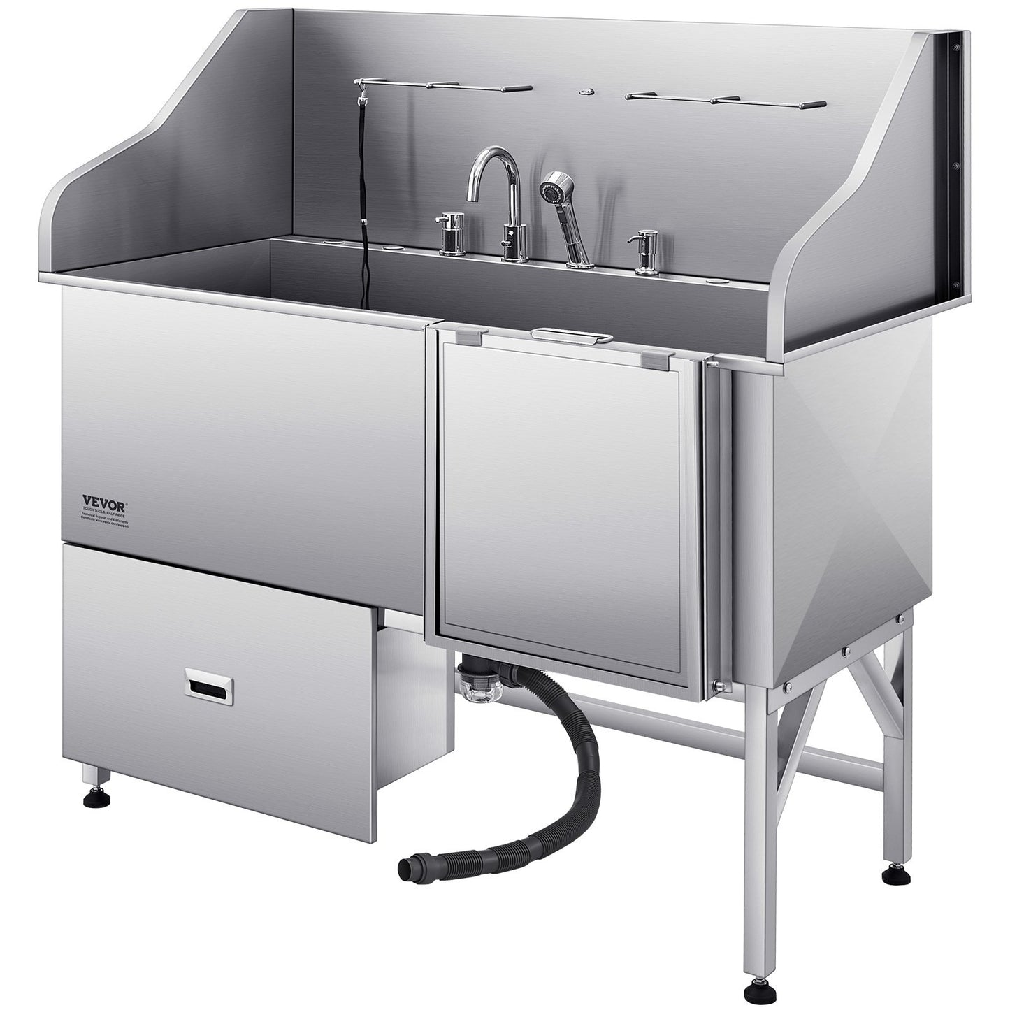 Hundtvättstation i 304 rostfritt stål, 154,9 cm trimbadkar med halkfri ramp med låg lutning, förvaringslåda, varm- och kallvattenkran, allt-i-ett-badkar för trimbutik, passar alla storlekar (höger dörr)