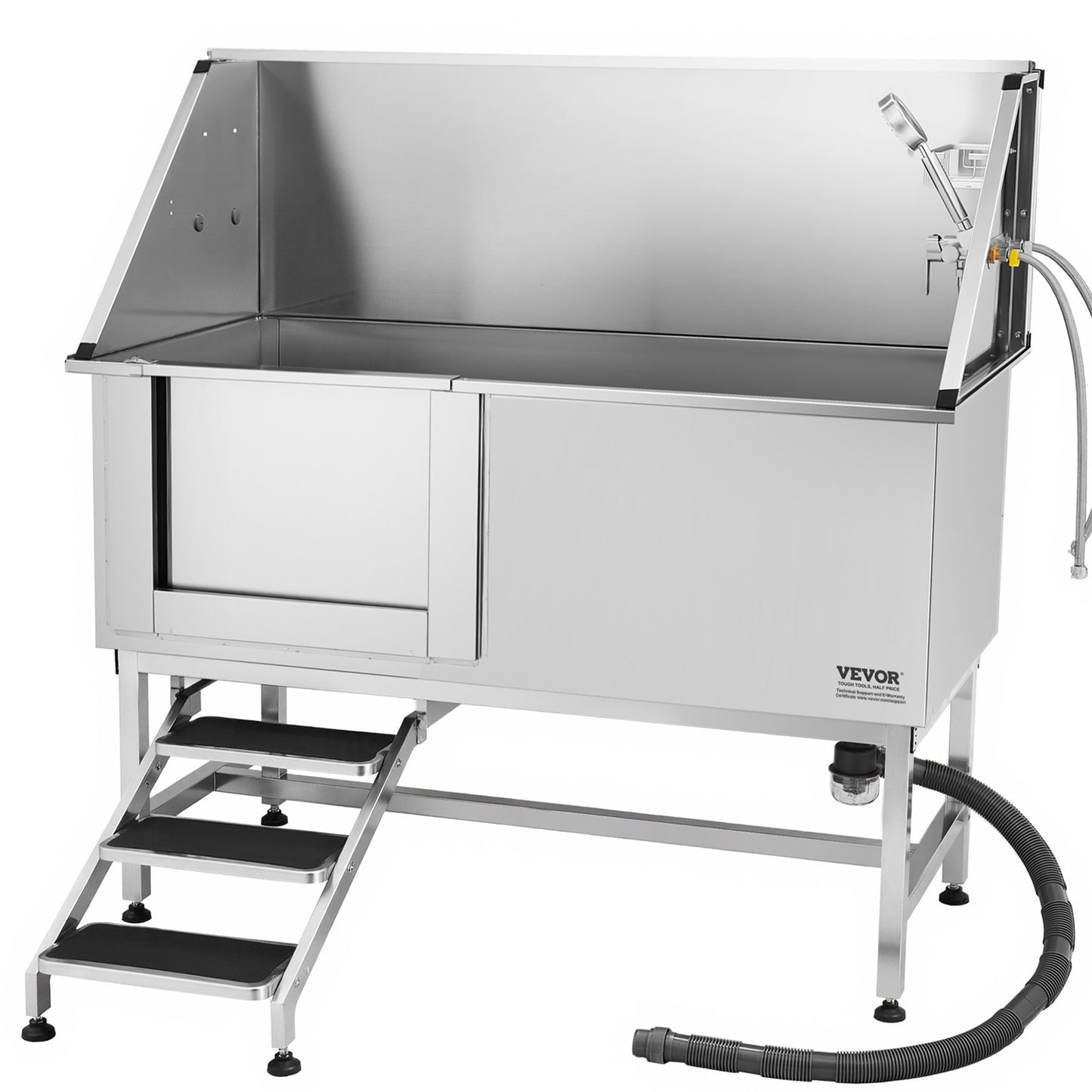 Hundtvättstation i rostfritt stål, 157,48 cm husdjursbadkar med trappor, PE-vattenfilterbräda, kran och duschmunstycke och tvålhållare. Hundbadkar för stora, medelstora och små husdjur (vänster dörr)