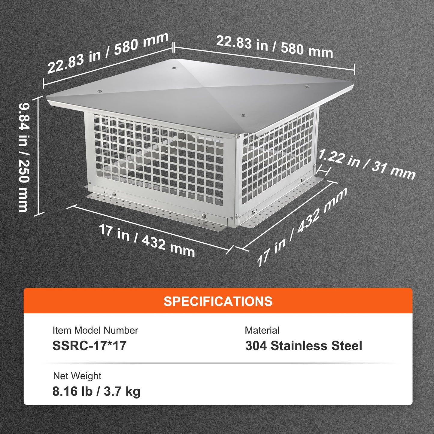 Chimney Cap, 431.8x431.8mm, 304 Stainless Steel Fireplace Chimney Cover, Not Easily Toppled & Practical Accessories & Easy Installation, Fits Mesh Flue Covers Outside Clay Flue Shingles, Silver