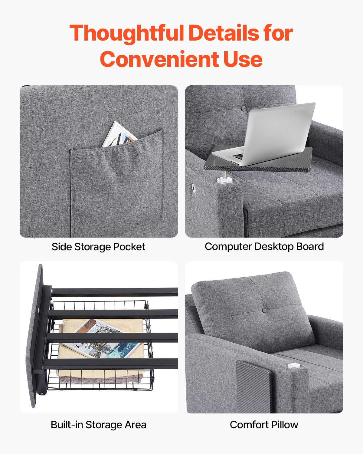 Bäddsoffa, Konvertibel bäddsoffa med sidofack, kudde, armstöd och skrivbordsskiva, 5 justerbara ryggstöd, utdragbar enkel soffa med 2 hjul och förvaring i botten, grå