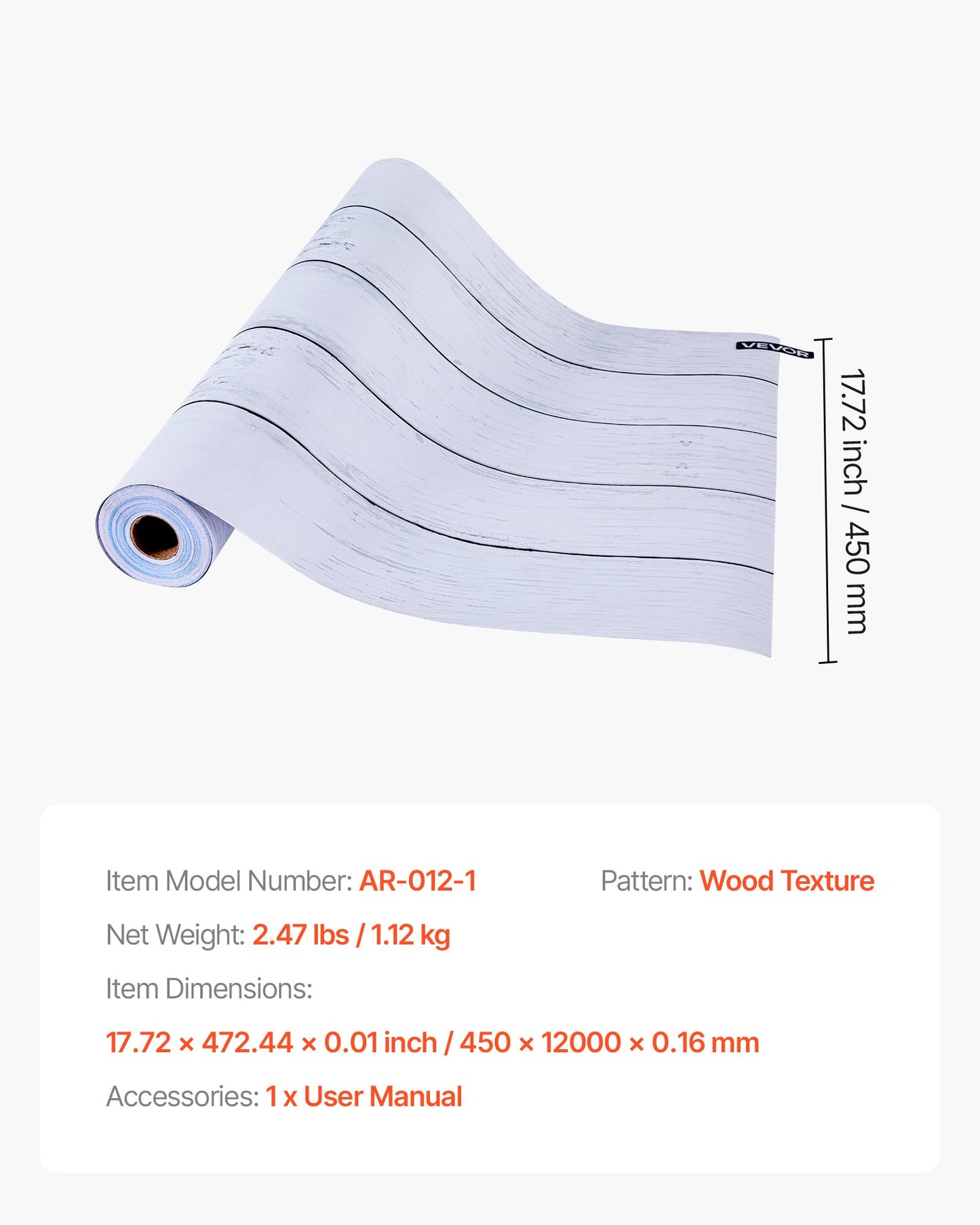 Peel and Stick Wallpaper, 45cm x 12m Contact Paper White Wood Textured Waterpoof Self Adhesive, Easy to Clean & Peel Wall Decorative Vinyl Roll for Bedroom Kitchen Office Bathroom Desk