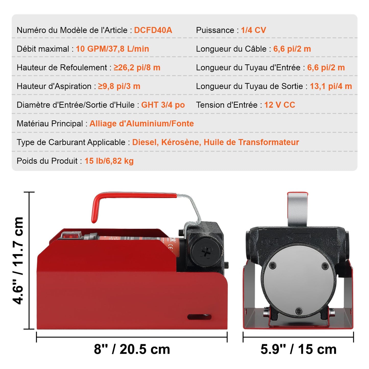 Fuel Transfer Pump, 12V DC 37.9 LPM 798.6 cm Lift, Portable Electric Diesel Transfer Extractor Pump Kit with Automatic Shut-off Nozzle, Delivery & Suction Hose for Diesel, Kerosene, Transformer Oil