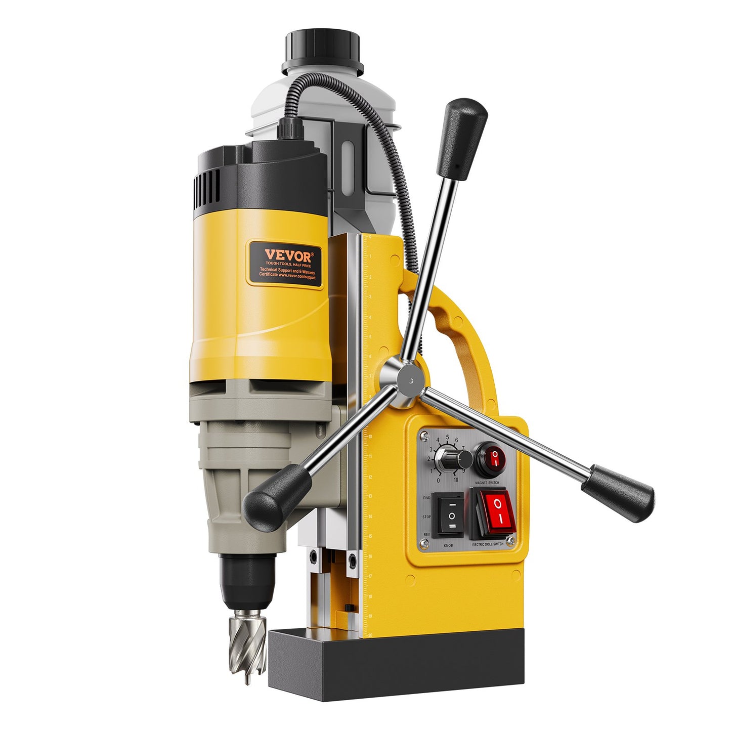 Magnetic Drill, 1400W Motor 2 in Boring Diameter, 2878 lbf Electric Mag Drill Press, with 6 Coring Bits, Variable Speed, Drilling Machine for Metal Surface, Home Improvement Industry, Yellow