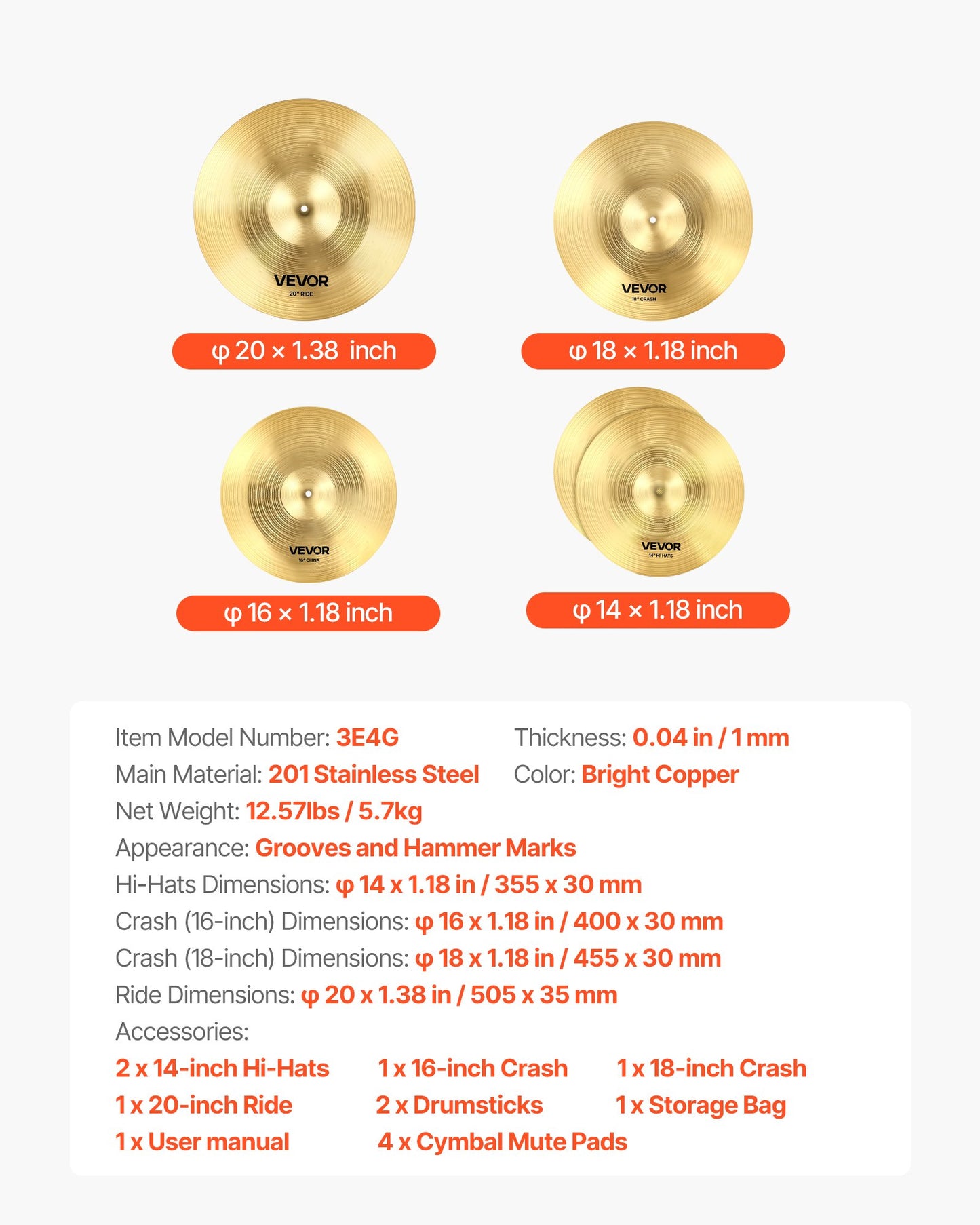 Cymbalpaket 4 delar cymbaler trumset 14 16 18 20 tum (355/400/455/505 mm) cymbaler för trummor