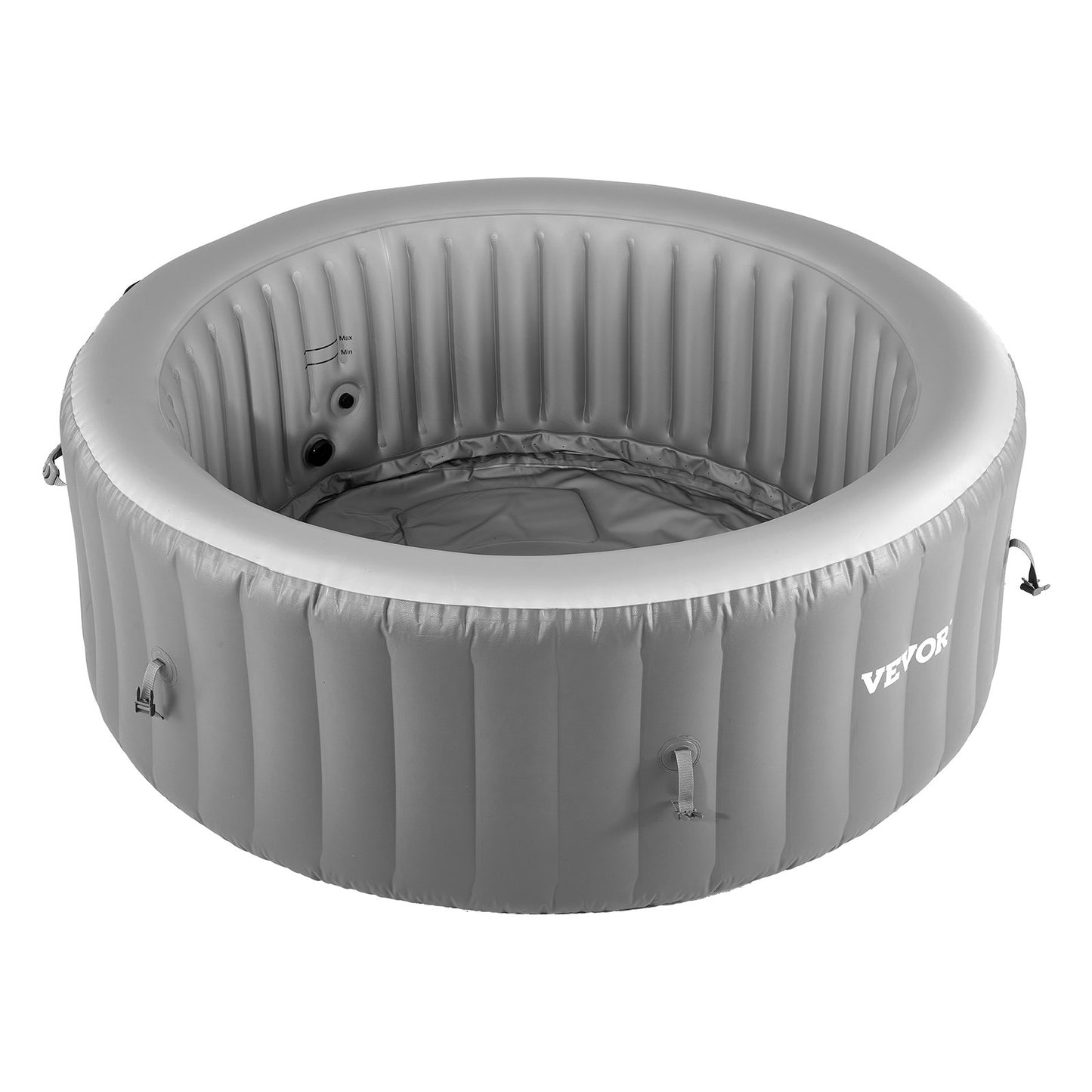 Uppblåsbar bubbelpool, kapacitet 4 till 6 personer, 2080 x 660 mm runt bärbart utomhusspa, med 130 lugnande jetstrålar, filter, lock och matta, multifunktionskontrollpanel, PVC-utomhusbubbelpool, grå