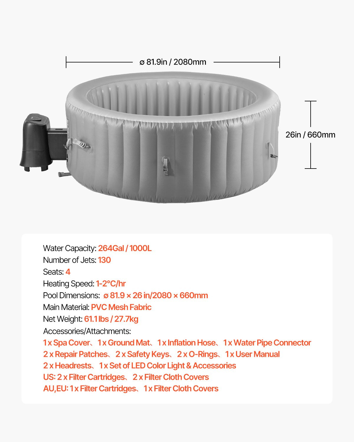 Inflatable Hot Tub, 4 to 6 Person Capacity, 2080 x 660mm Round Portable Outdoor Spa, with 130 Soothing Jets, Headrest, LED Light, Cover, Multi-function Control Panel, PVC Outdoor Hot Tub, Grey