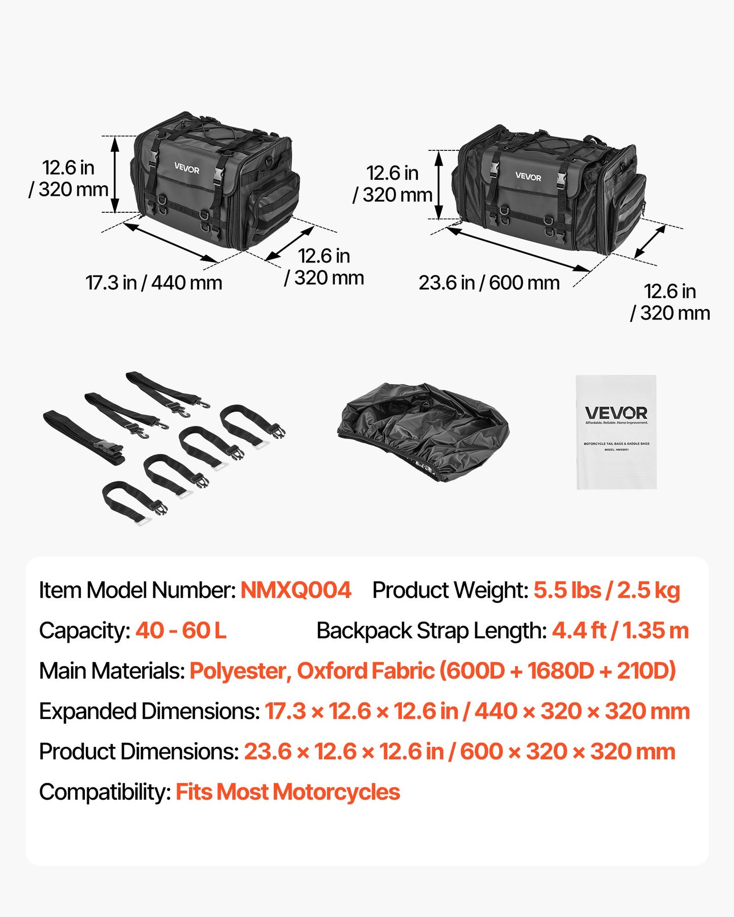 Motorcykel baksätesväska, 40-60 L expanderbar motorcykel baksätesväska med vattentätt regnskydd, hopfällbar utomhussportsmotorcykelbagageförvaring med axelremmar, ficka och elastiskt snöre, svart
