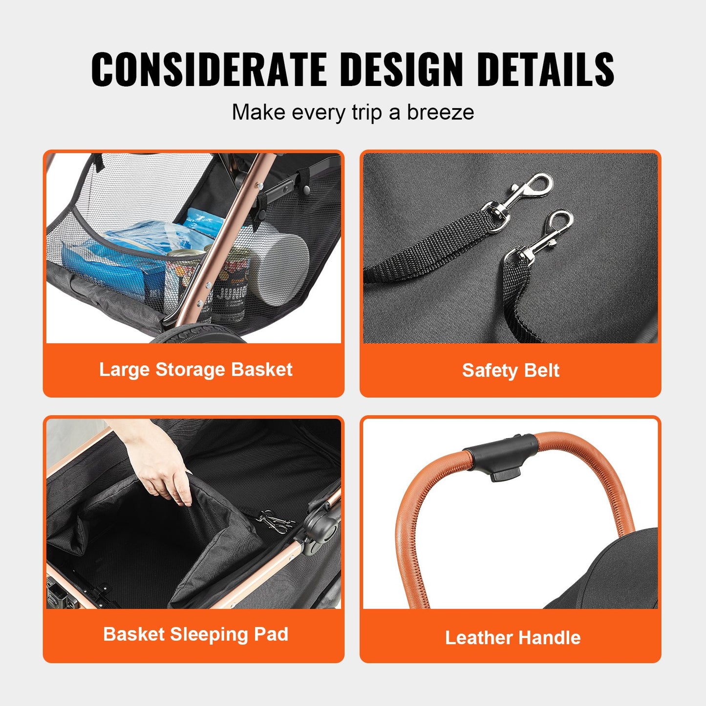 Pet Stroller, 4 Wheels Dog Stroller Rotate with Brakes, 29.9 kg Weight Capacity, Puppy Stroller with Detachable Carrier, Storage Basket and Pet Pad, for Small to Medium Sized Dogs, Black