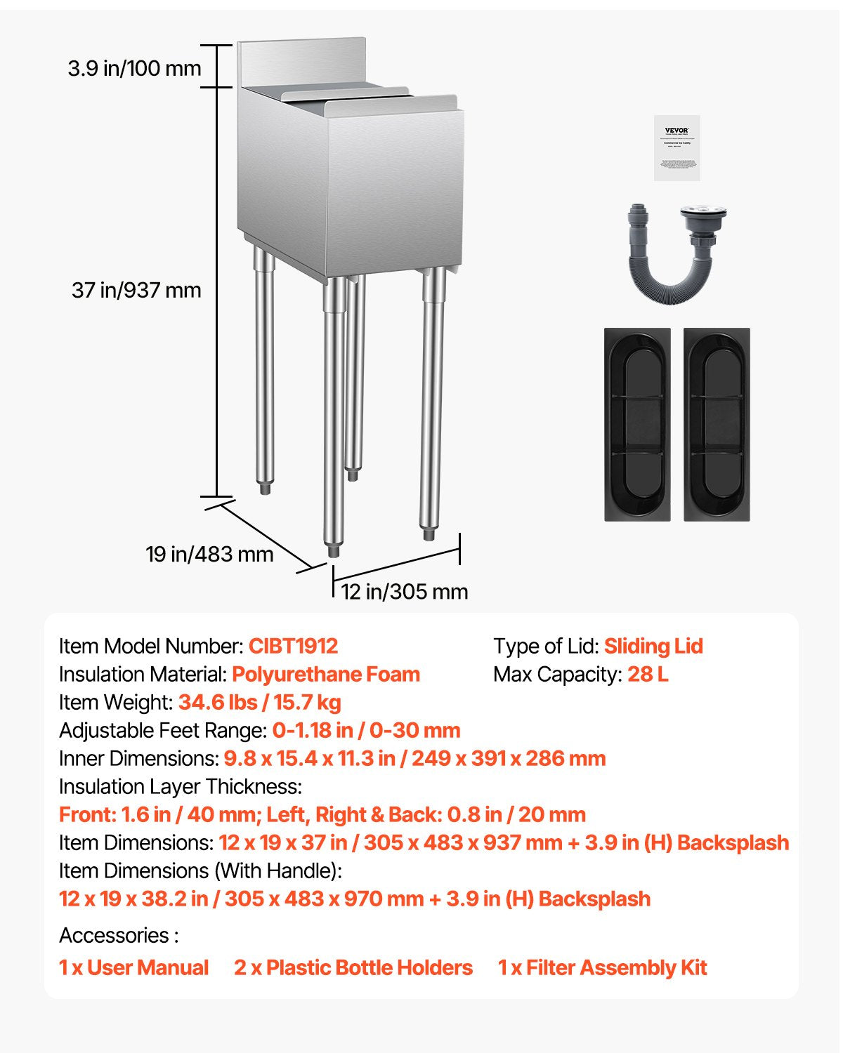Kommersiell islåda, 28 l islåda under bardisken, 30 x 43 x 94 cm kylbox i rostfritt stål med skjutbart lock, flaskhållare, justerbara kulfötter, kylvagn för cocktails för bar, restaurang, pub
