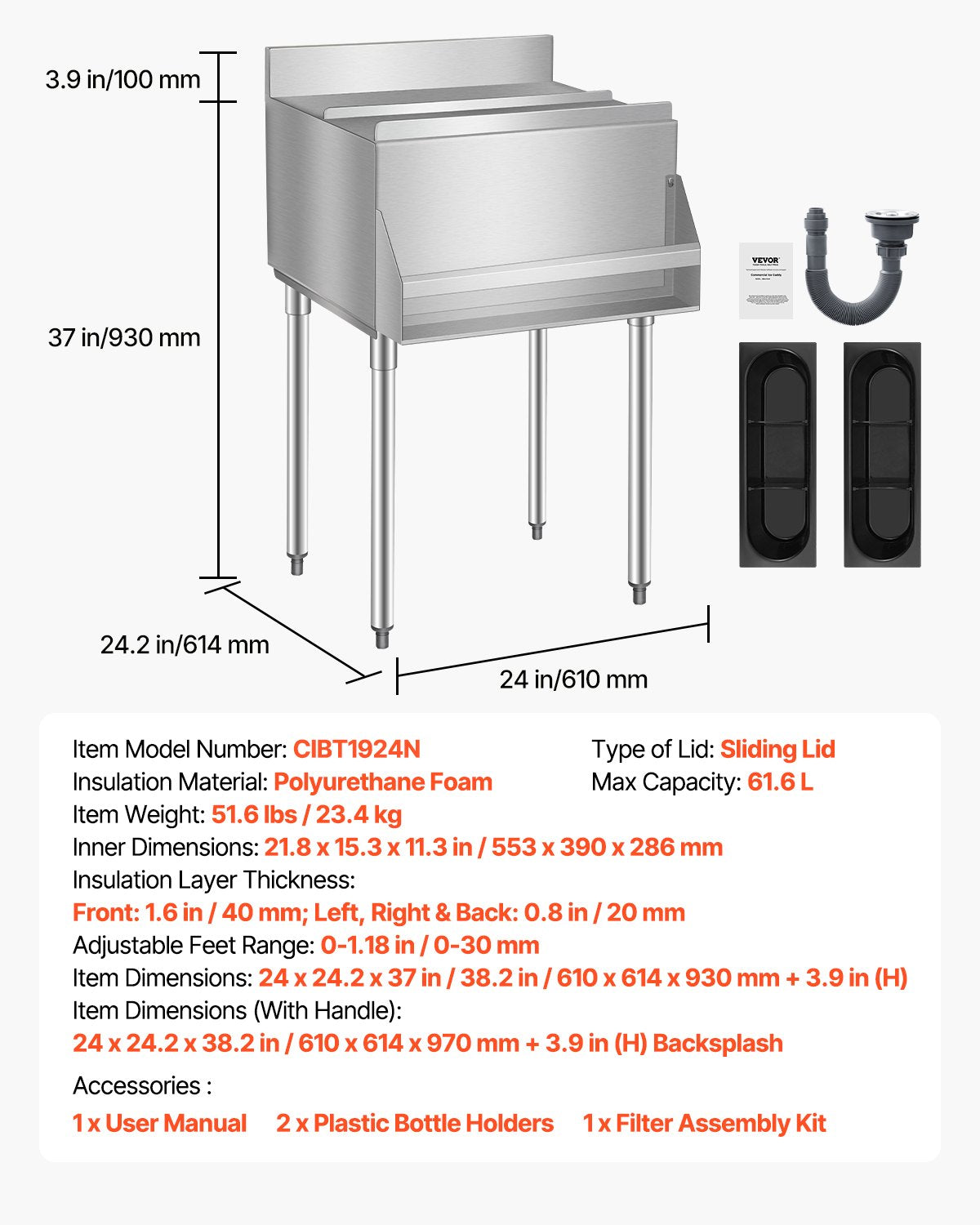 Commercial Ice Bin, 61.6 L Underbar Ice Bin, 24 x 24.2 x 37 in Stainless Steel Ice Chest with Sliding Lid, Bottle Holders, and Adjustable Bullet Feet, Cocktail Unit for Bar, Restaurant & Pub