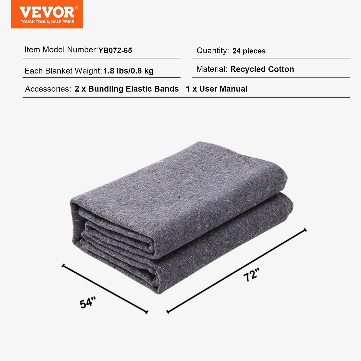 Moving Blankets, 182.9 x 137.2 cm, 9.5 kg/dz Weight, 24 Packs, Professional Recycled Cotton Packing Blanket, Large Heavy Duty Shipping Mover Pads Perfect for Protecting Furniture, Floors, Appliances