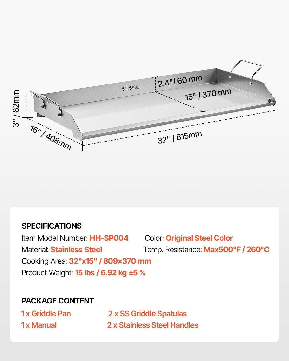 Stekplåt i rostfritt stål, 32x16 tum universal platt rektangulär platta, gasgrillstekplåt för BBQ-grill, teppanyaki, bärbart familjeköksredskap med handtag, för camping, tailgating-fest