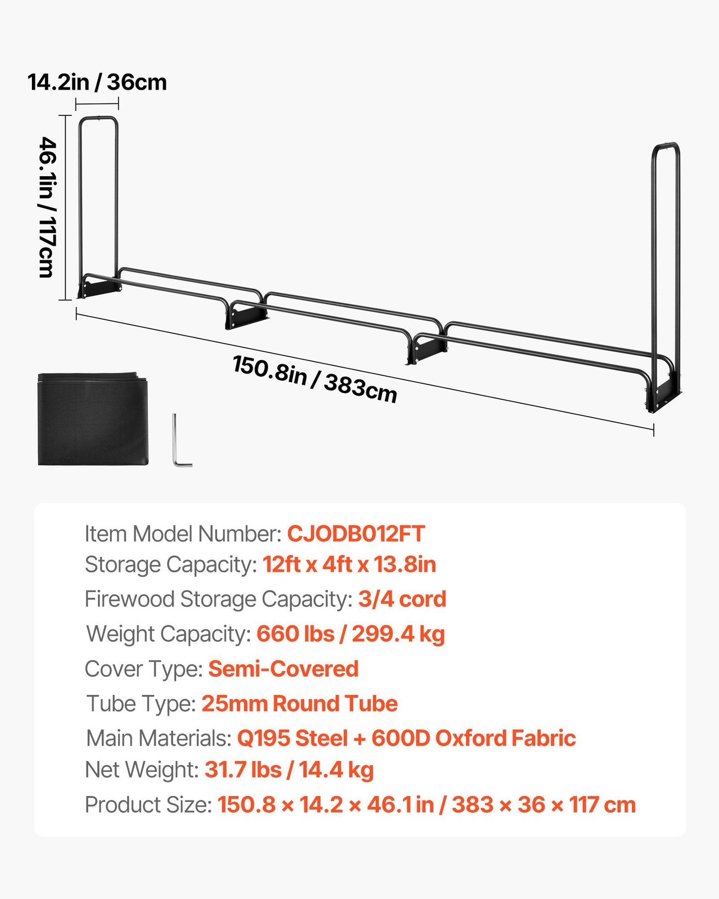 3.9m Outdoor Firewood Rack with Cover, 386 cm x 36 cm x 117 cm, Heavy Duty Firewood Holder & 600D Oxford Waterproof Cover for Fireplace, Patio, Indoor/Outdoor Log Storage Rack for 3/4 Cord of Firewood