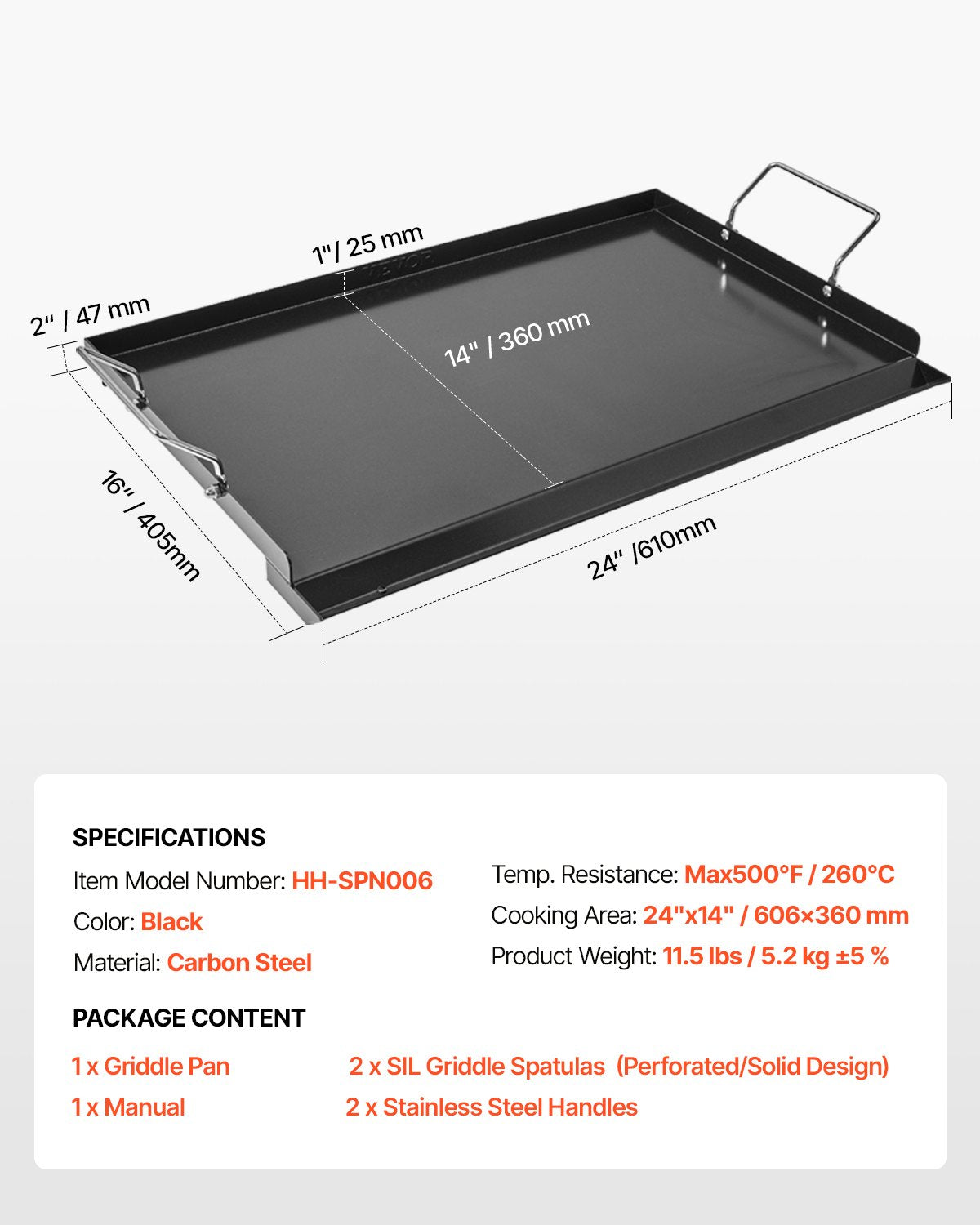Stekplåt i kolstål, 24x16 tum universal platt rektangulär platta, gasgrillstekplåt för BBQ-grill, Teppanyaki, bärbart familjeköksredskap med handtag, för camping, tailgating-fest