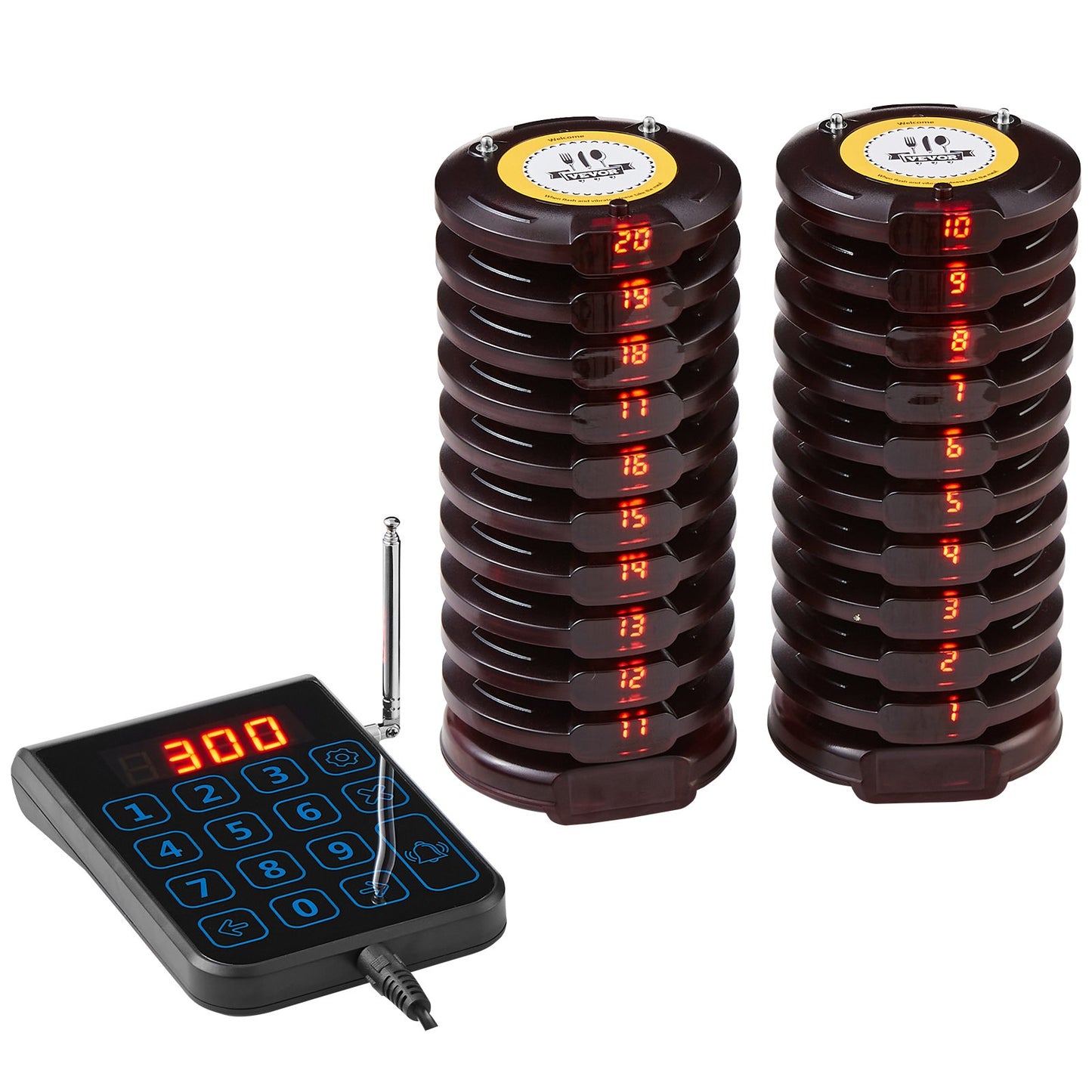 Restaurant Pager System, Wireless 500m Long Range Lineup Waiting Queue Signal, Guest Customer Calling Beepers with Vibration & Flashing, 20 Buzzers for Food Truck, Church, Nursery, Hospital