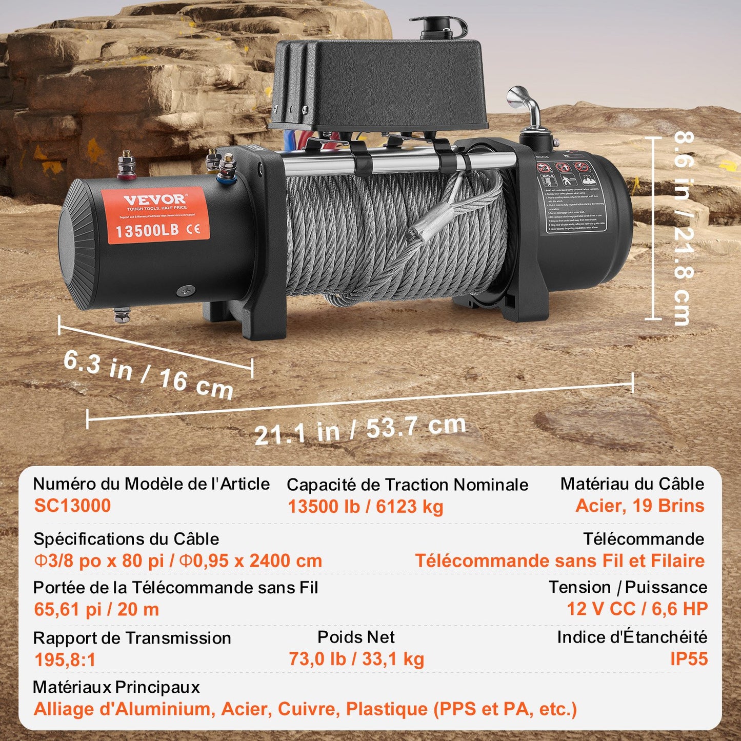 Electric Winch Truck 6123.5 kg Steel Cable IP65 Waterproof Remote Control