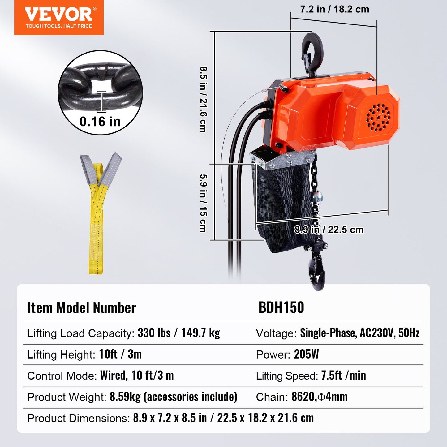 Electric Chain Hoist, 330 lbs Load Capacity, 10 ft Lifting Height, 7.5 ft/min Speed, 230V, Single Phase Overhead Crane with G80 Chain, 10 ft Wired Remote Control for Garage, Shop, Hotel, Home