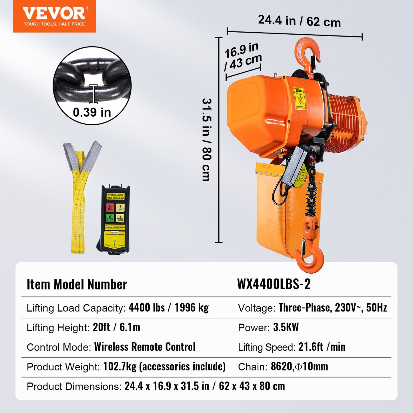 Electric Chain Hoist Three Phase Crane Hoist 1995.8 kg Load 609.6 cm Lifting