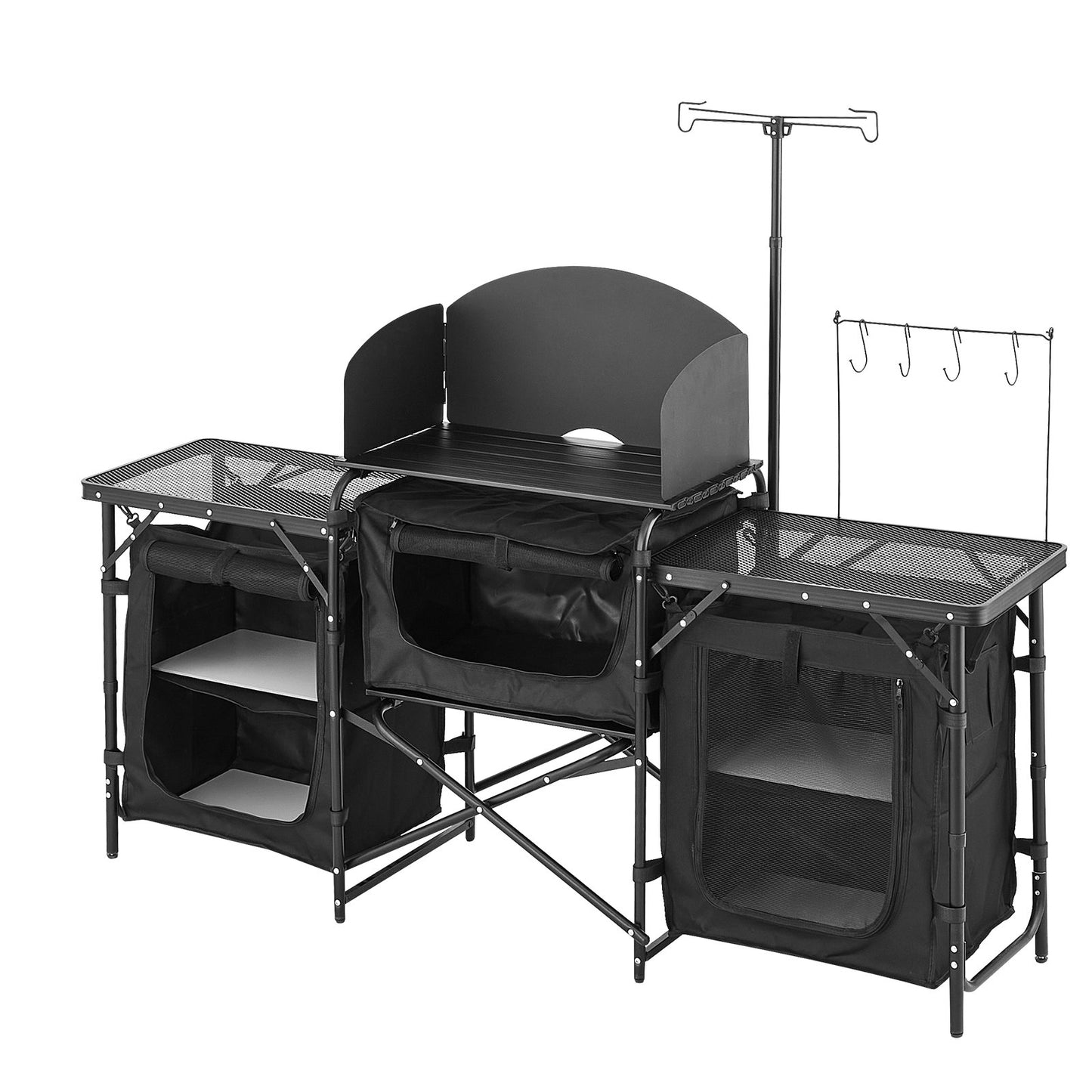 Camping Kitchen Table, Outdoor Camp Cooking Table, Aluminum Portable Cook Station with 3 Storage Cupboard, Carrying Bag, Detachable Windscreen, Quick Set-up for BBQ Party Picnic RV Travel, Black