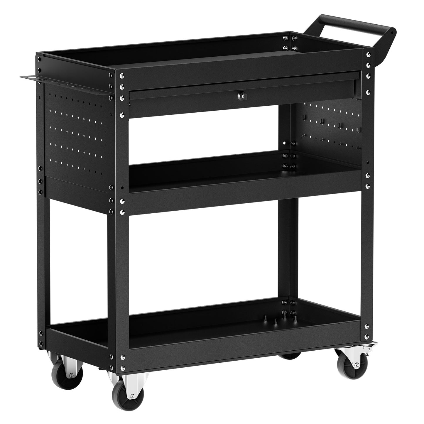 4-Tier Tool Cart with Wheels, 350 lbs Load Capacity, Rolling Work Cart with Drawer & Pegboard, Mechanic Tool Storage Organizer with Locking System for Garage, Warehouse and Repair Shop, Black