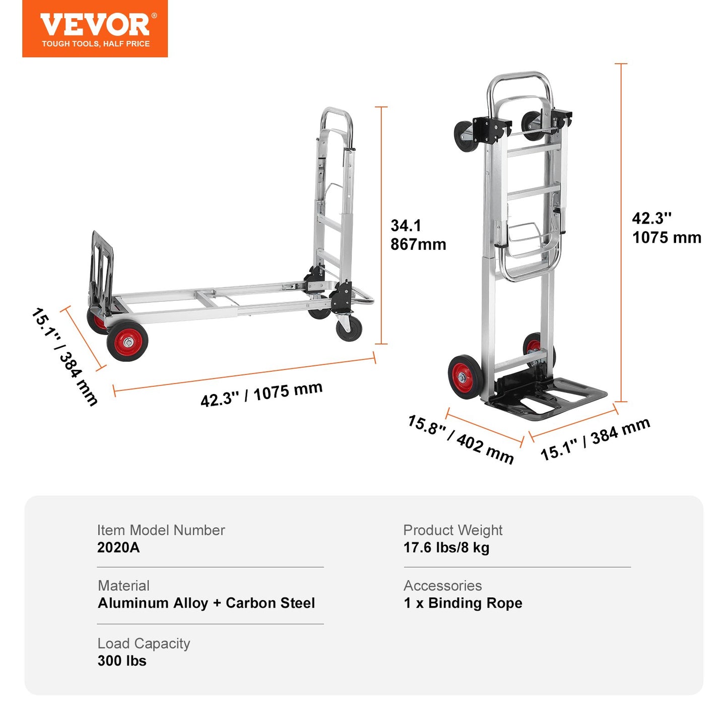 Aluminum Hand Truck, 2 in 1, 181.4 kg Load Capacity, Heavy Duty Industrial Convertible Folding Hand Truck and Dolly, Utility Cart Converts from Hand Truck to Platform Cart with Rubber Wheels
