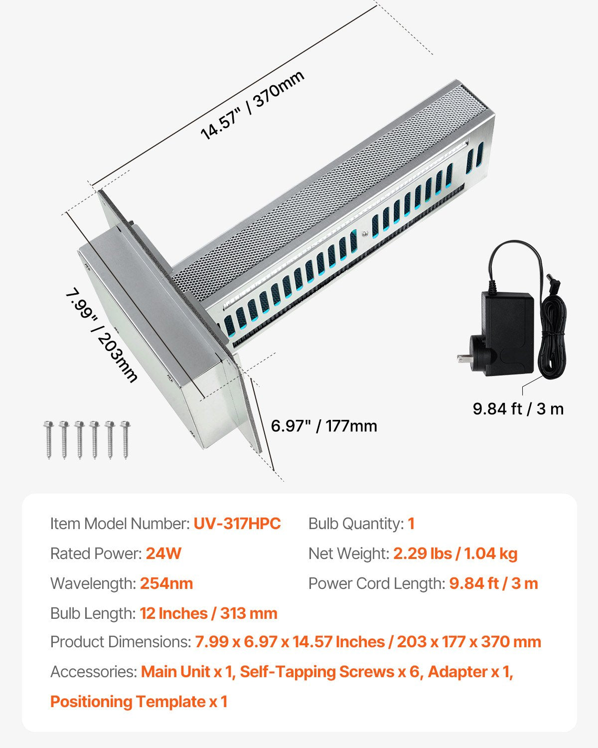 HVAC Air Purifier Whole House, 24W 12inch, Light in Duct for Ac (Air Conditioning) Duct, Air Scrubber with 2 Bulb, PCO Technology and Carbon Filtration HVAC lights for Ac Systems