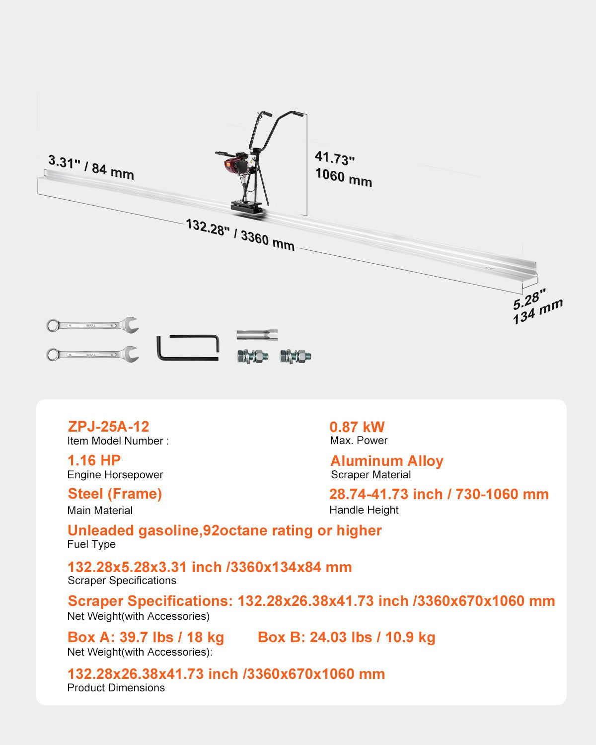 Concrete Power Screed, 12 ft Aluminum Board Straight Edge Bar Set, 4 Stroke Cement Finishing Vibrating Motor with Height Adjustable Handles, High Efficient Concrete Tool 6500RPM