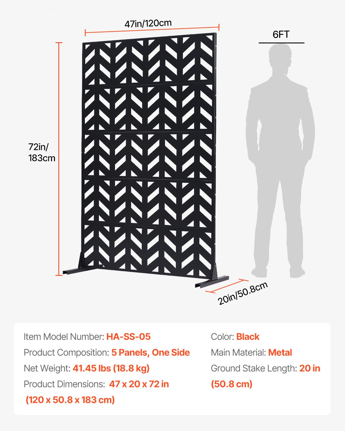 Metal Privacy Screen, 47" W x 72" H, Outdoor Privacy Screens 5-Panel, Freestanding Outdoor Divider with Stand, Decorative Garden Steel Privacy Fence for Balcony Patio Indoor Room Black