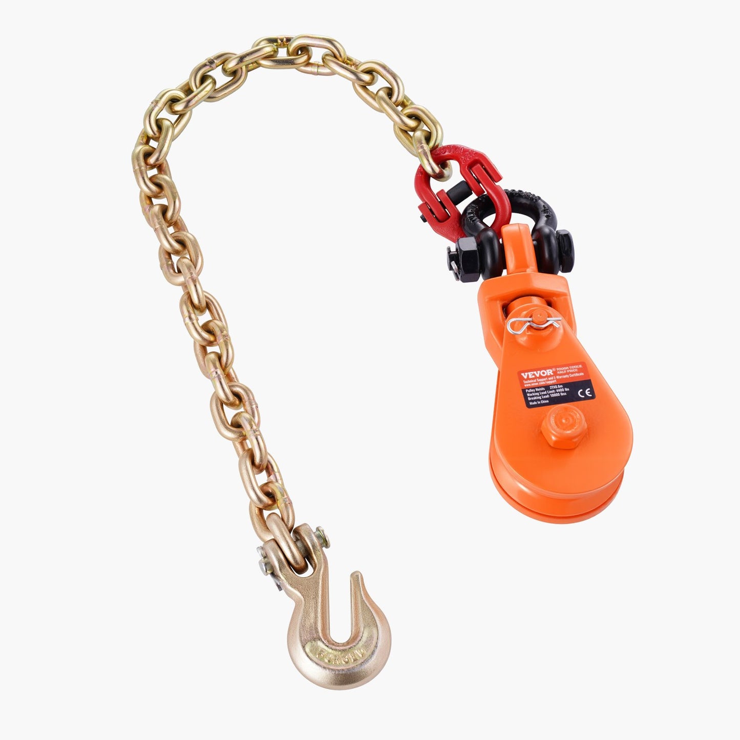 2 tons ryckblock med G80-kedja, svängbar schackel, 3" skiva för 3/8" stålvajer, ryckblocksremskiva för bogsering och bärgning på flakbärgningsbil, backrullning, bärgningsvajer för bilbärgning