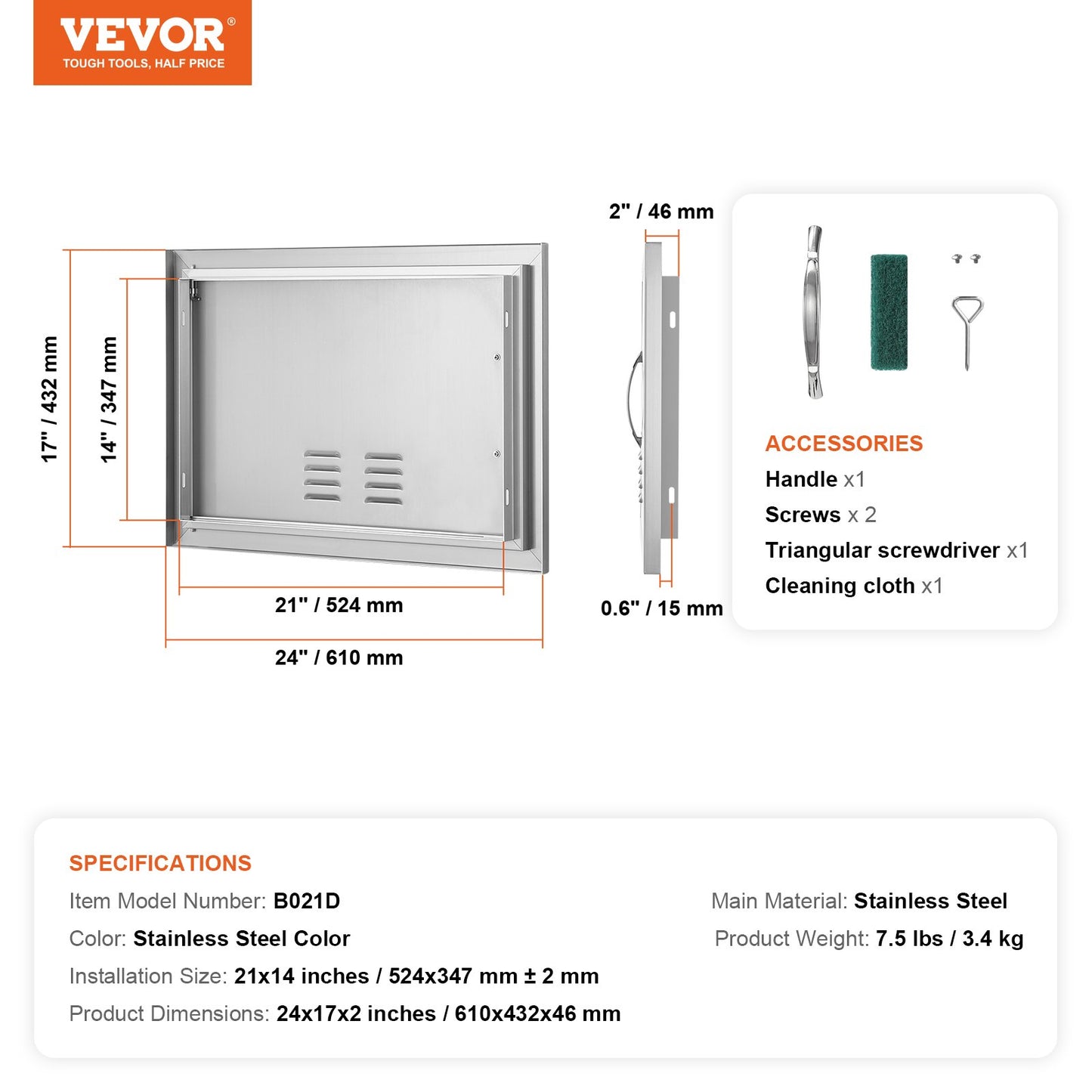 BBQ Access Door, 610x432 mm Single Outdoor Kitchen Door, Stainless Steel Flush Mount Door, Wall Vertical Door with Handle and vents, for BBQ Island, Grilling Station, Outside Cabinet