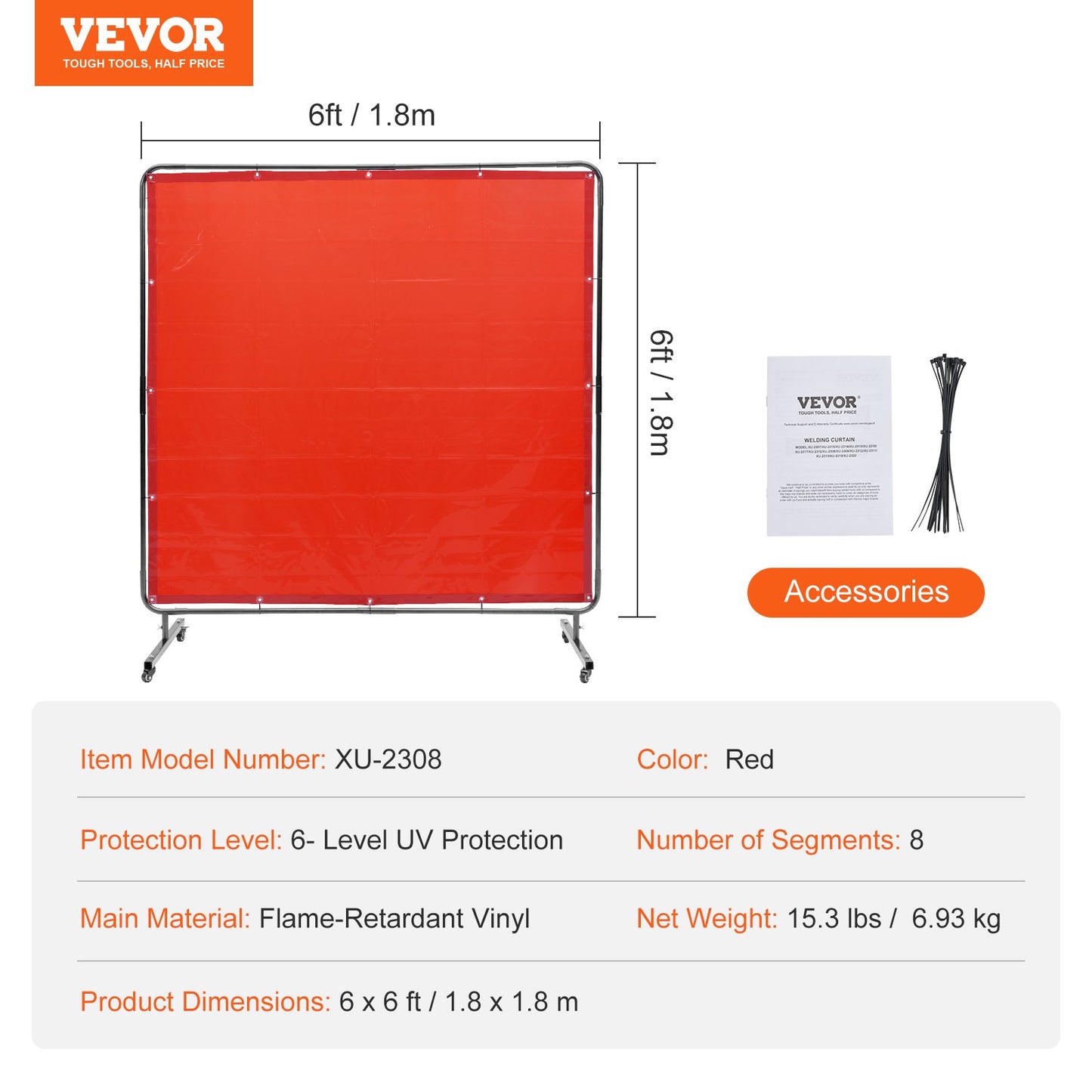 Welding Screen with Frame, 1.8 x 1.8 m Welding Curtain Screen, Flame-Resistant Vinyl Welding Protection Screen on 4 Swivel Wheels (2 Lockable), Moveable & Professional for Workshop/Industrial, Red