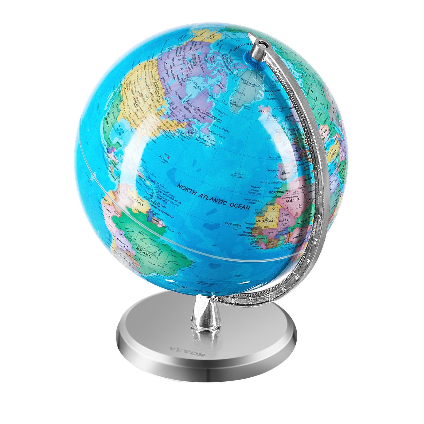 Rotating World Globe with Stand, 8 in/203.2 mm, Educational Geographic Globe with Precise Time Zone ABS Material, 360° Spinning Globe for Kids Children Learning Classroom Geography Education (Map Language: English)