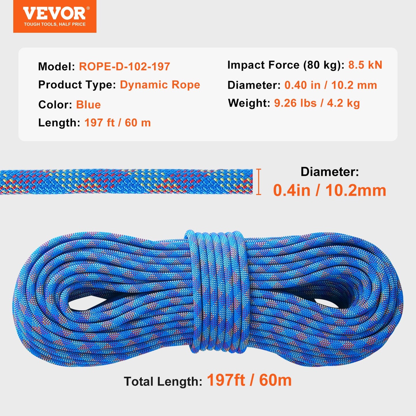 10.2mm Dynamic Climbing Rope, 60M(197ft) Outdoor Rock Climbing Rope 25KN Breaking Tension, Stretchable Fiber Rope with Steel Snap Hooks for Escape, Rappelling, Fire Rescue, Blue