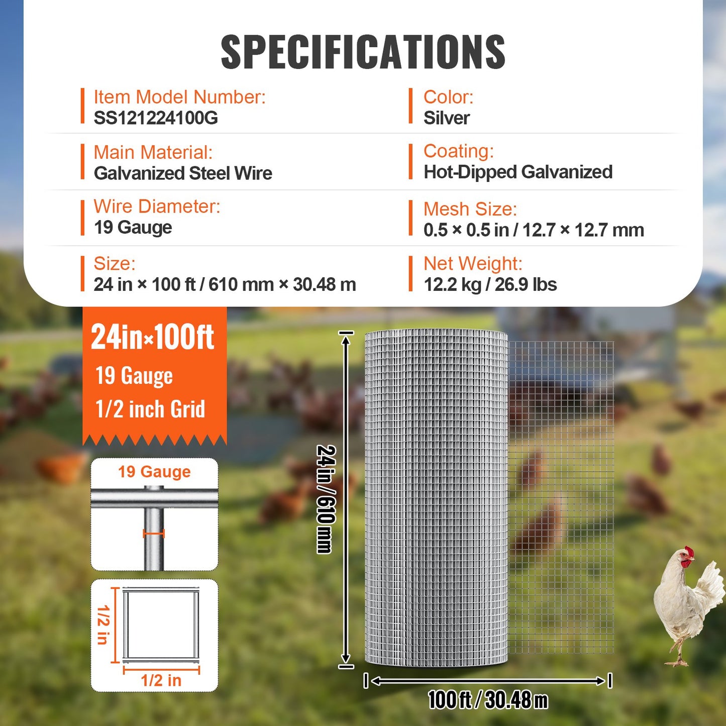 Järnvaruduk, 1/2 tum 24 tum x 100 fot 19 Gauge, varmgalvaniserad trådnätsrulle, hönsnätsstängsel, trådnät för kaninburar, trädgård, små gnagare