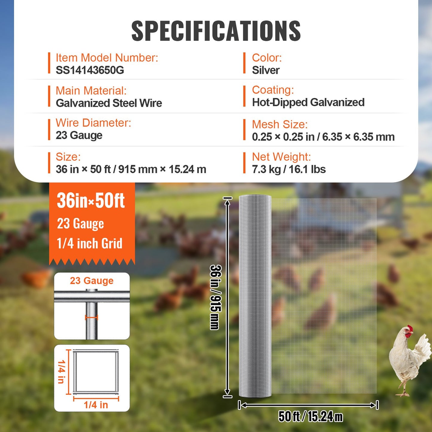 Hardware Cloth, 1/4 inch 36in x 50 ft 23 Gauge, Hot Dipped Galvanized Wire Mesh Roll, Chicken Wire Fencing, Wire Mesh for Rabbit Cages, Garden, Small Rodents