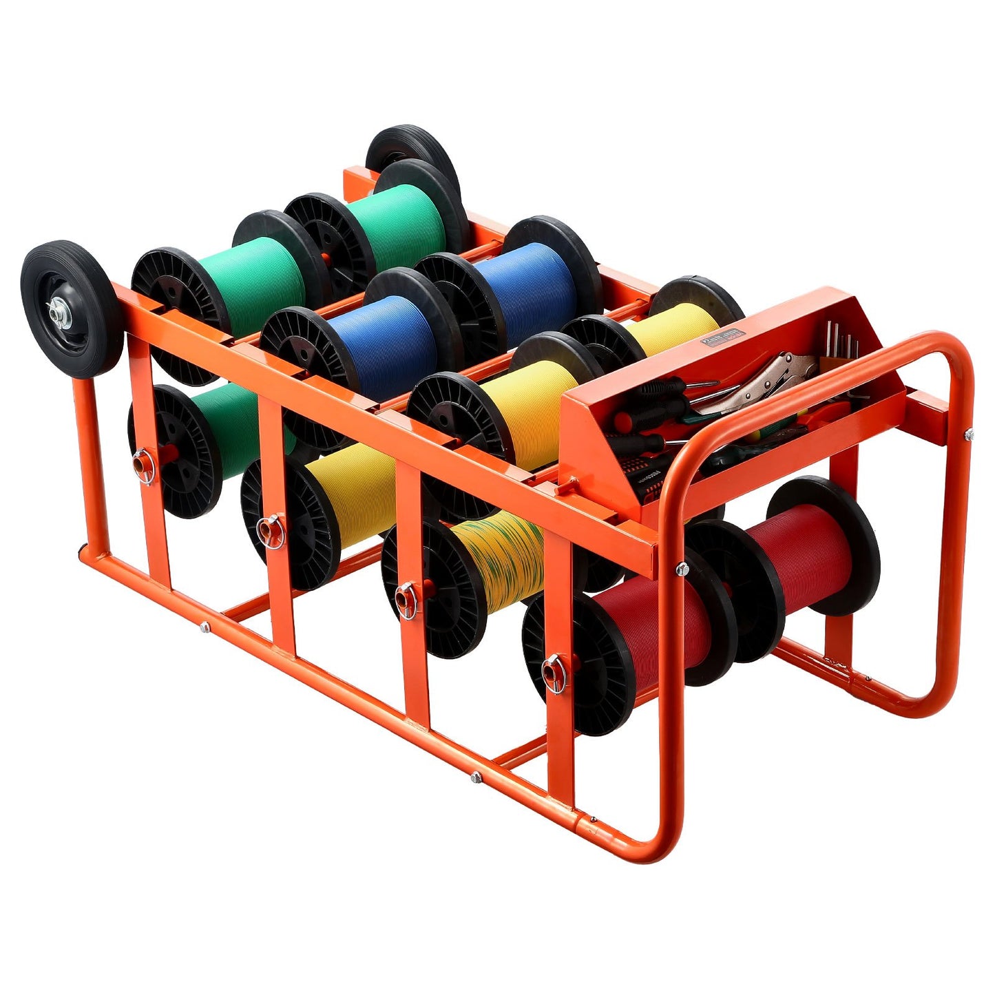 Trådrullställ, 11 stänger, trådrullställsdispenser för flera spolar, kabelcaddy med hjul, kabelhållare med förvaringsbricka för ledningsförvaring, för el, industriellt bruk och detaljhandel, arbetseffektivitet