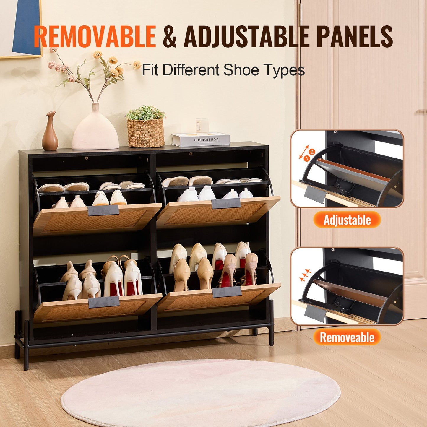 Skoskåp i rotting, smal skoförvaringsorganisatör med 4 fällbara lådor, smalt skoskåp för entrén med metallben, perfekt för entré, garderob, hall, ljus träfärg