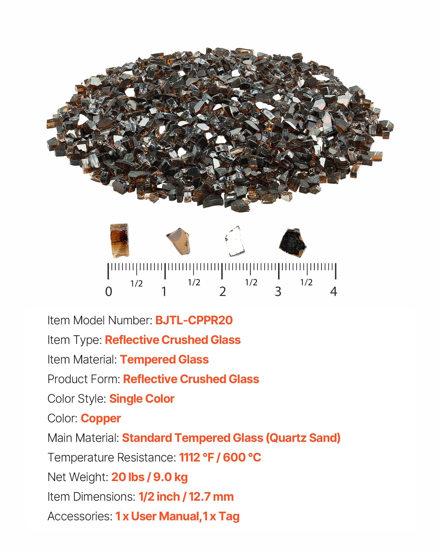 Fire Glass, 20 LBS / 9.0 KG High-Temperature Resistant Fireplace Rocks, 1/2-Inch / 12.7 mm Reflective & Smokeless Firepit Glass Rock, High Luster Stone Landscaping for Fire Pit Table, Copper
