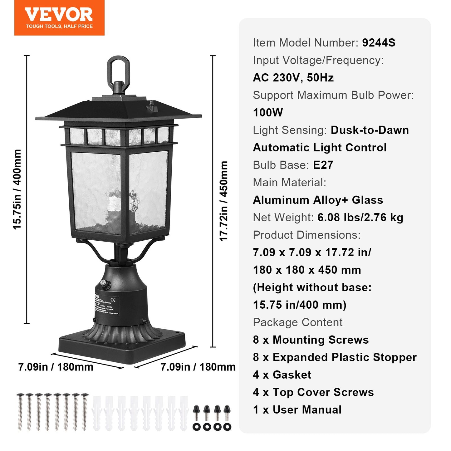 2-pack Dusk to Dawn utomhuslampa, 400 mm, vattentäta lampstolparmaturer med 3,5 tums pelarmatur i glas med fot, blixtsäker utomhuslampa för uteplats, trädgård, gångväg