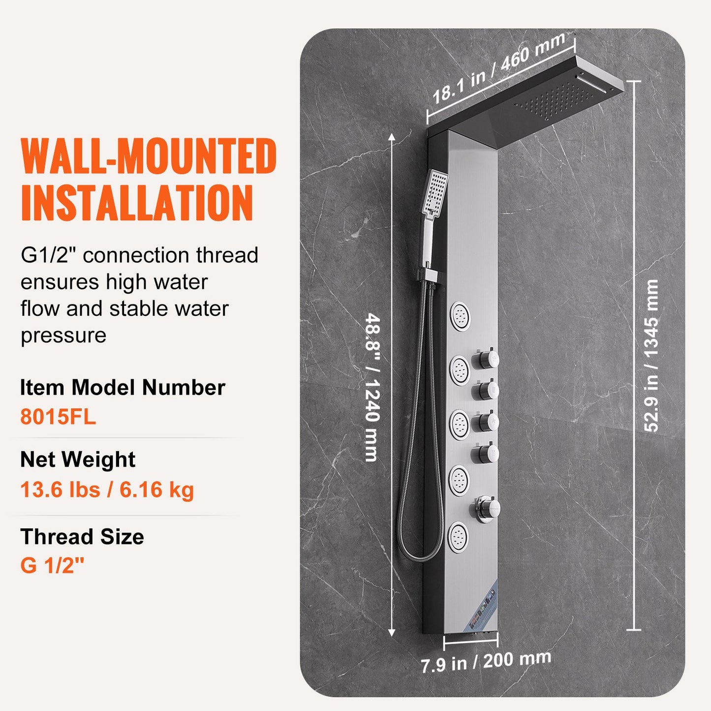 Duschpanelsystem, 4 duschlägen Duschpaneltorn, Regn, Vattenfall, 5 helkroppsmassagestrålar och 3-stegs handhållet duschmunstycke med 59" slang, väggmonterat duschset i rostfritt stål