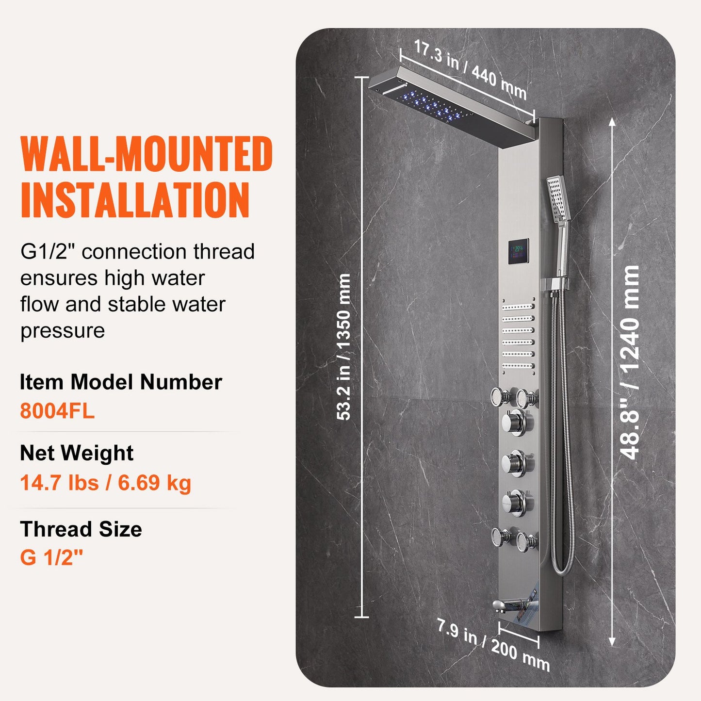 Duschpanelsystem, 6 duschlägen, LED- och skärmmonterad duschpanel med vattenkraft, regndusch, vattenfall, 5 massagestrålar, badkarspip, handdusch, väggmonterad duschset i rostfritt stål
